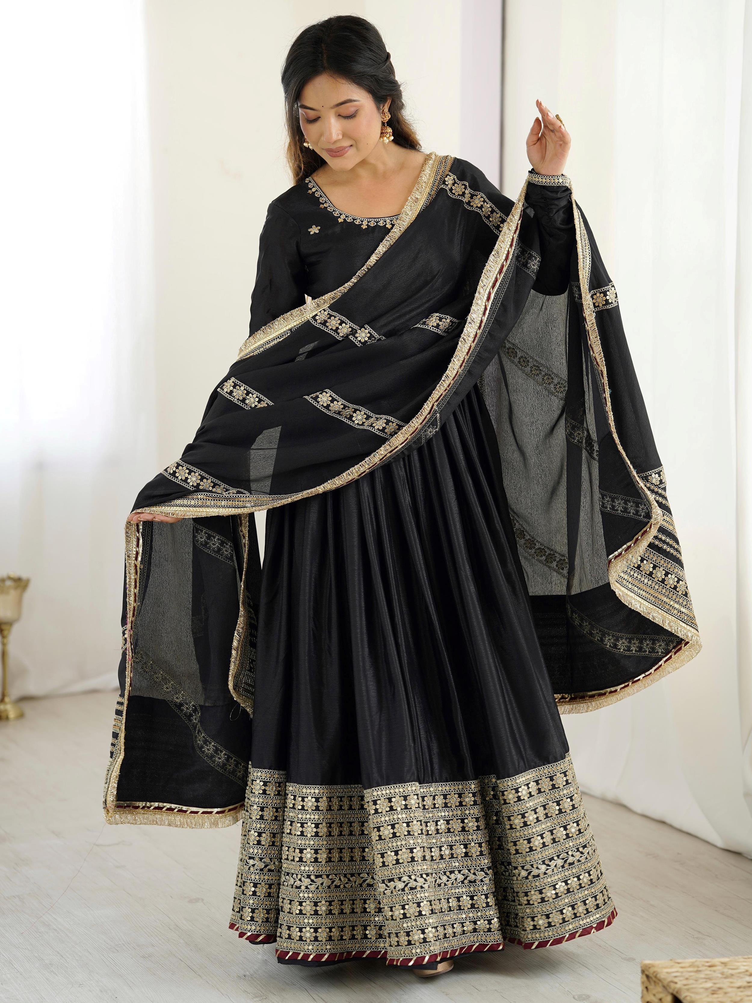 Black chinon silk embroidered anarkali suit with dupatta