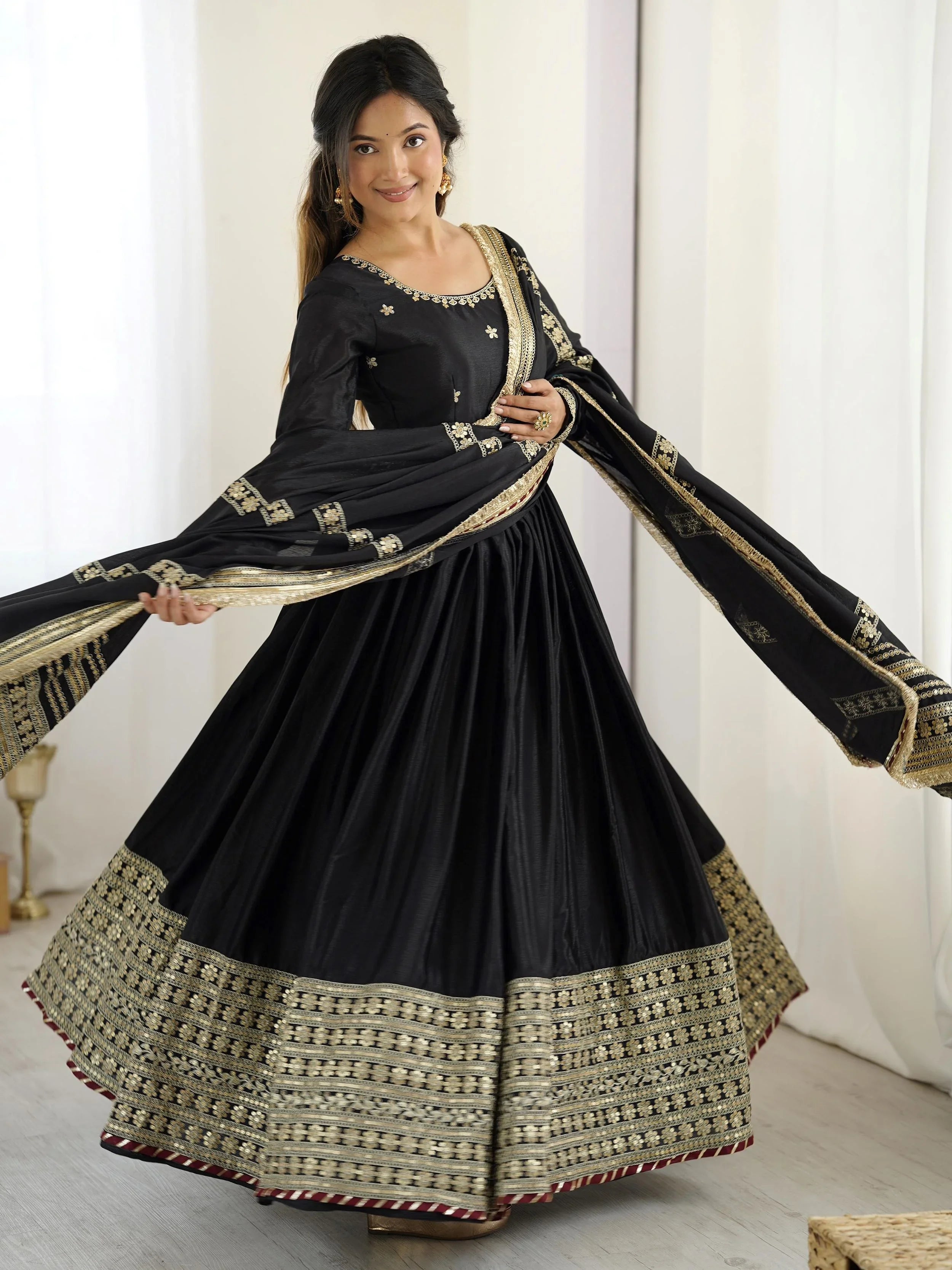 Black chinon silk embroidered anarkali suit with dupatta