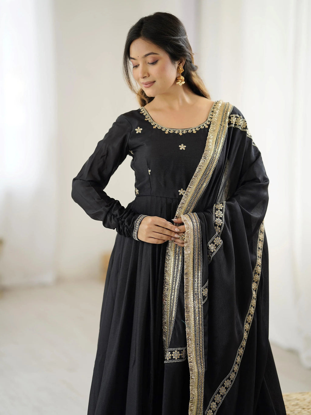 Black chinon silk embroidered anarkali suit with dupatta
