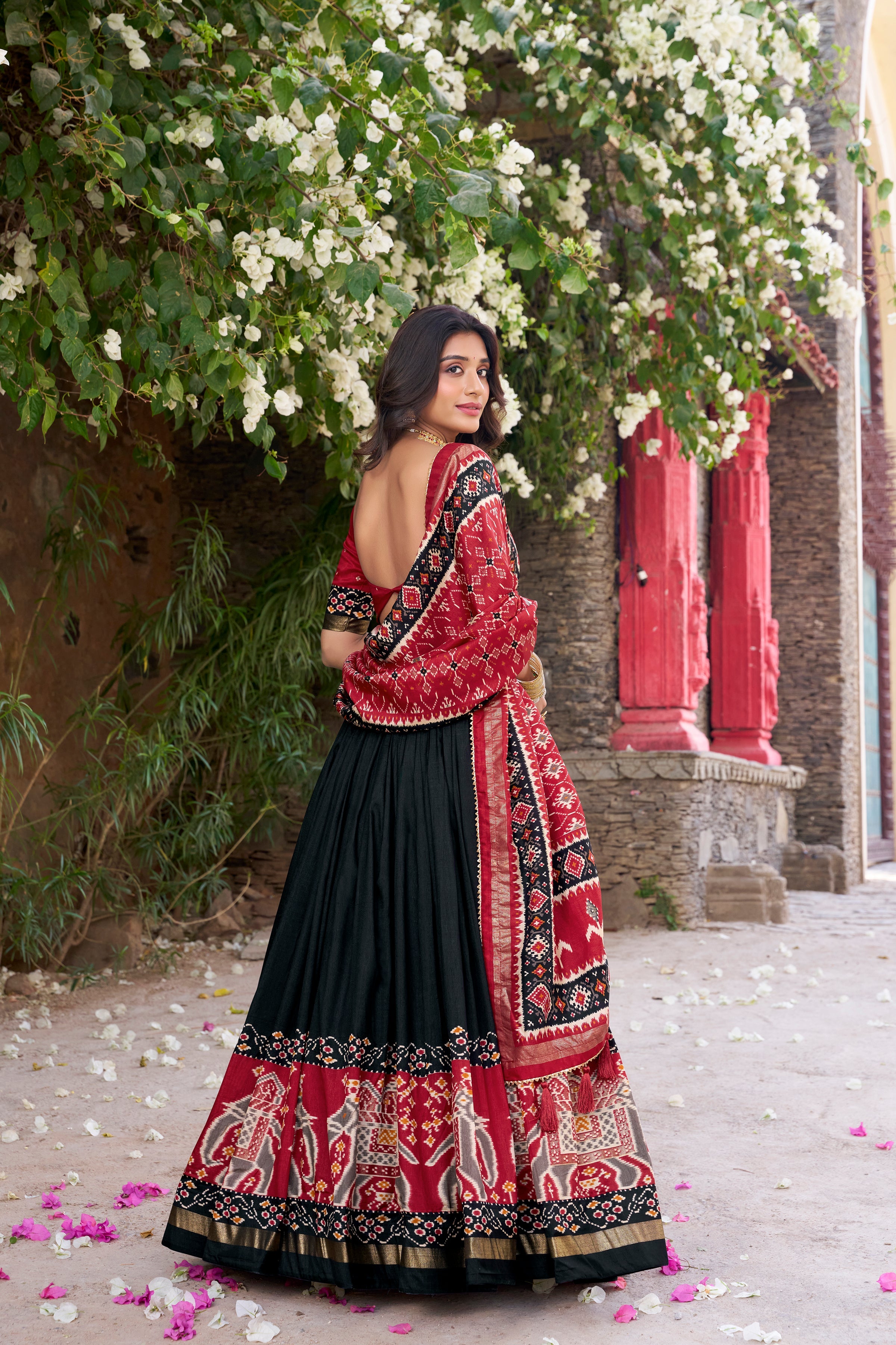Black Tussar silk Patola print foil work gotta patti lehenga choli