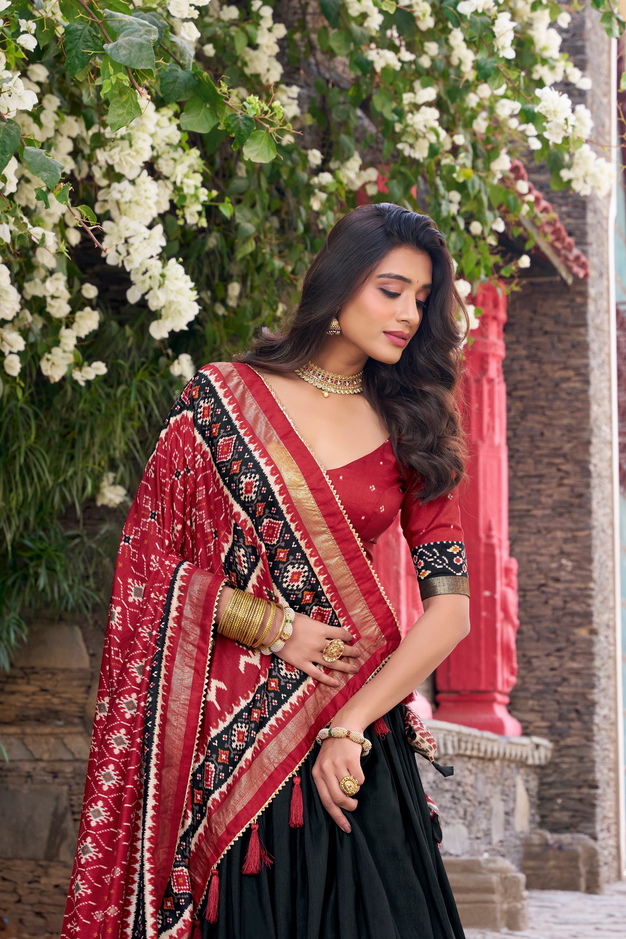 Black Tussar silk Patola print foil work gotta patti lehenga choli