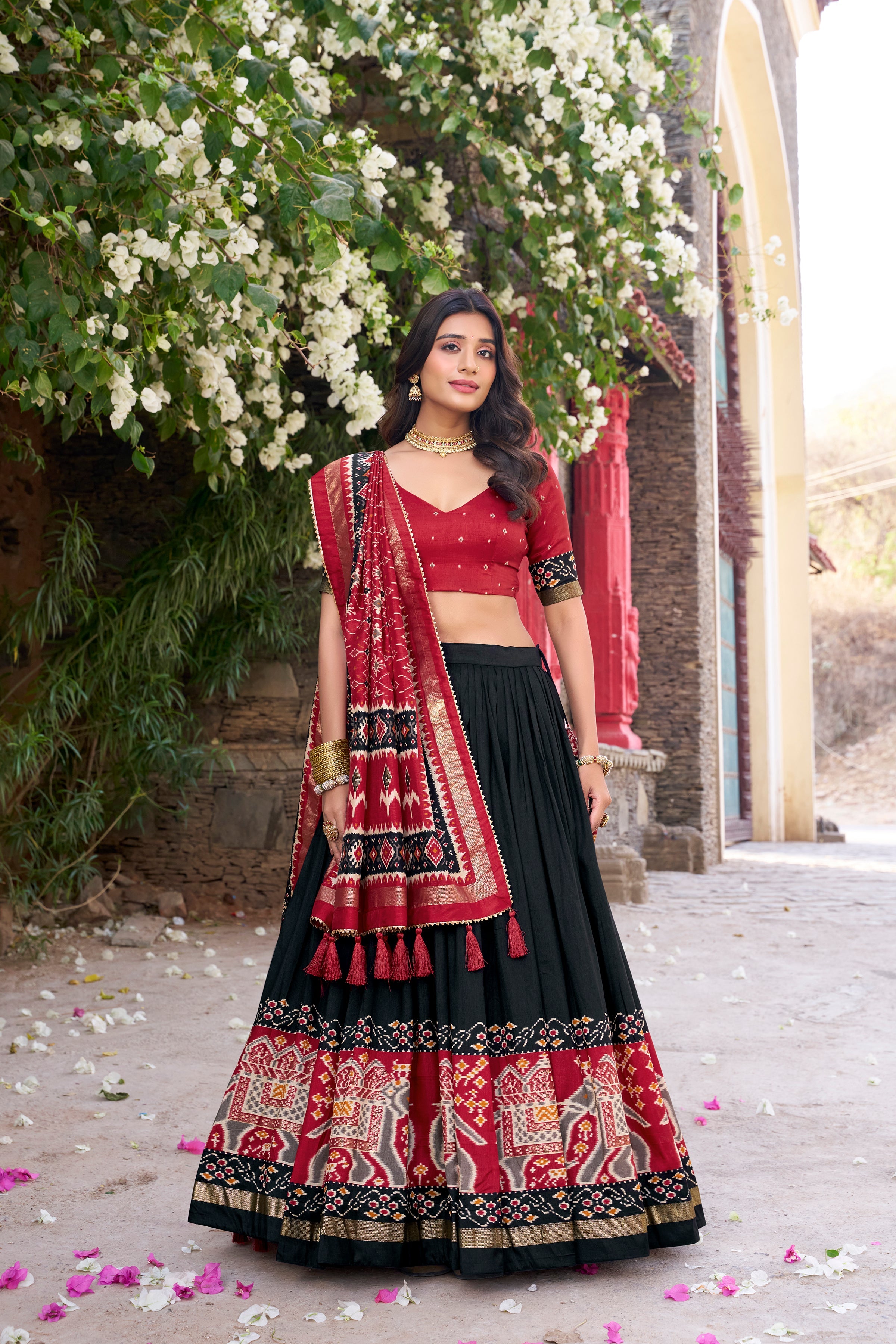 Black Tussar silk Patola print foil work gotta patti lehenga choli