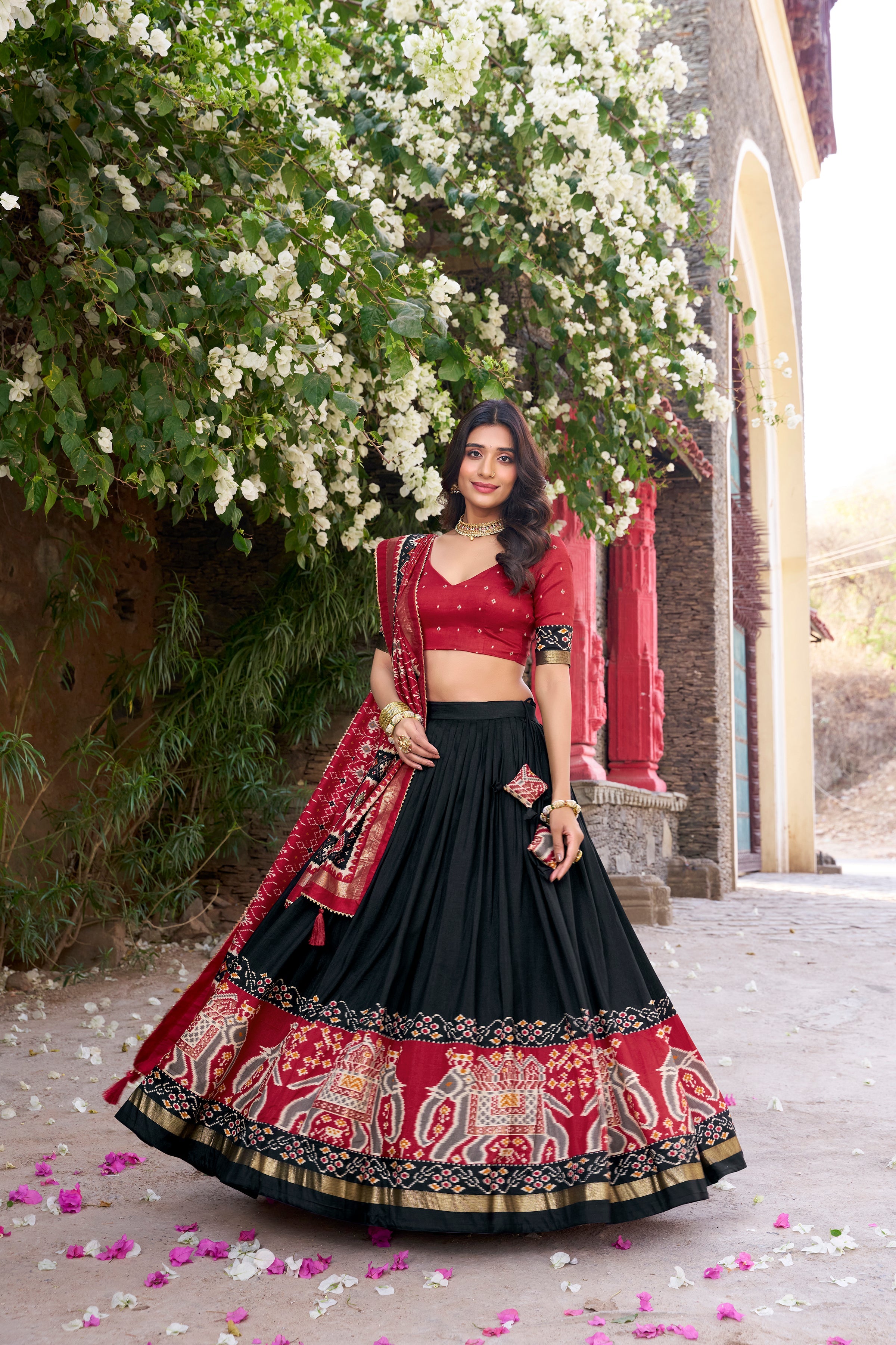 Black Tussar silk Patola print foil work gotta patti lehenga choli