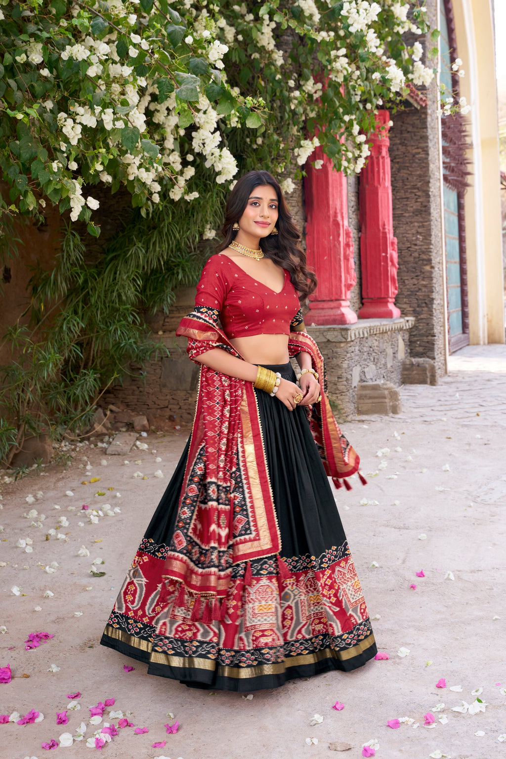 Black Tussar silk Patola print foil work gotta patti lehenga choli