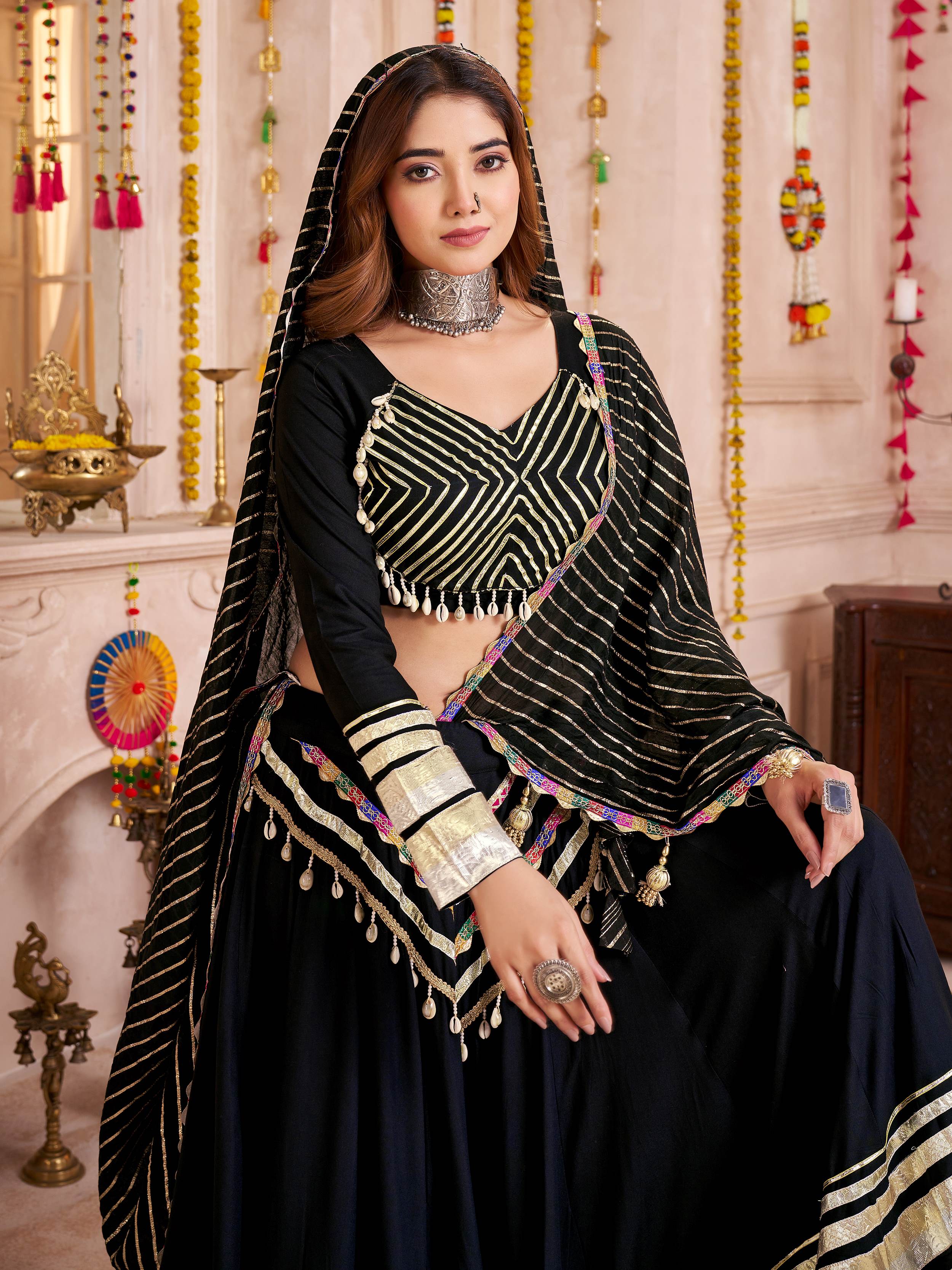 Black cotton lehenga choli with lace detailing and dupatta