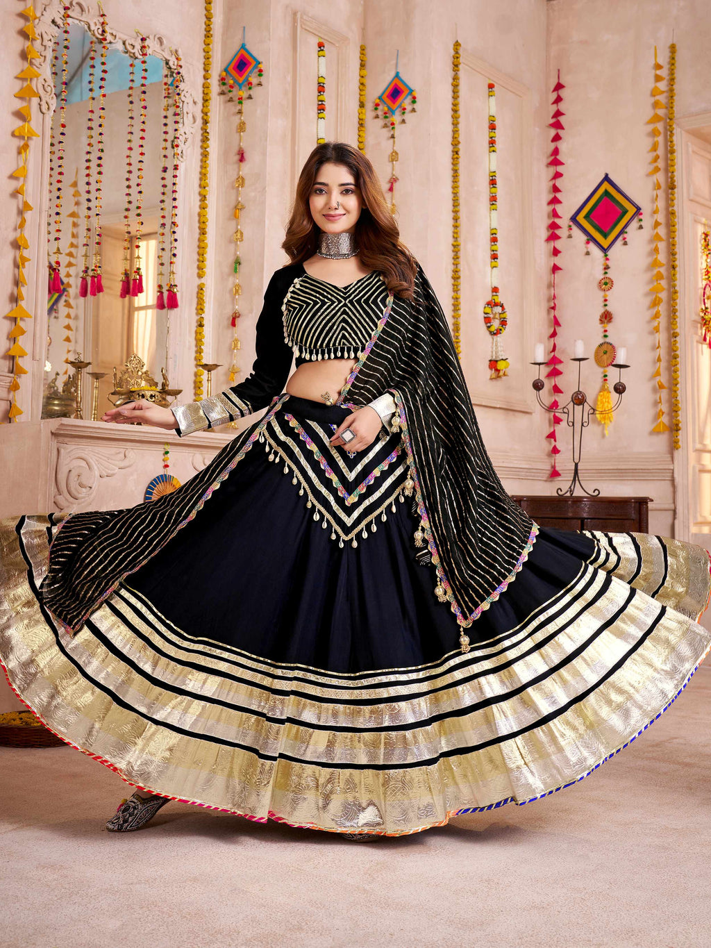 Black cotton lehenga choli with lace detailing and dupatta