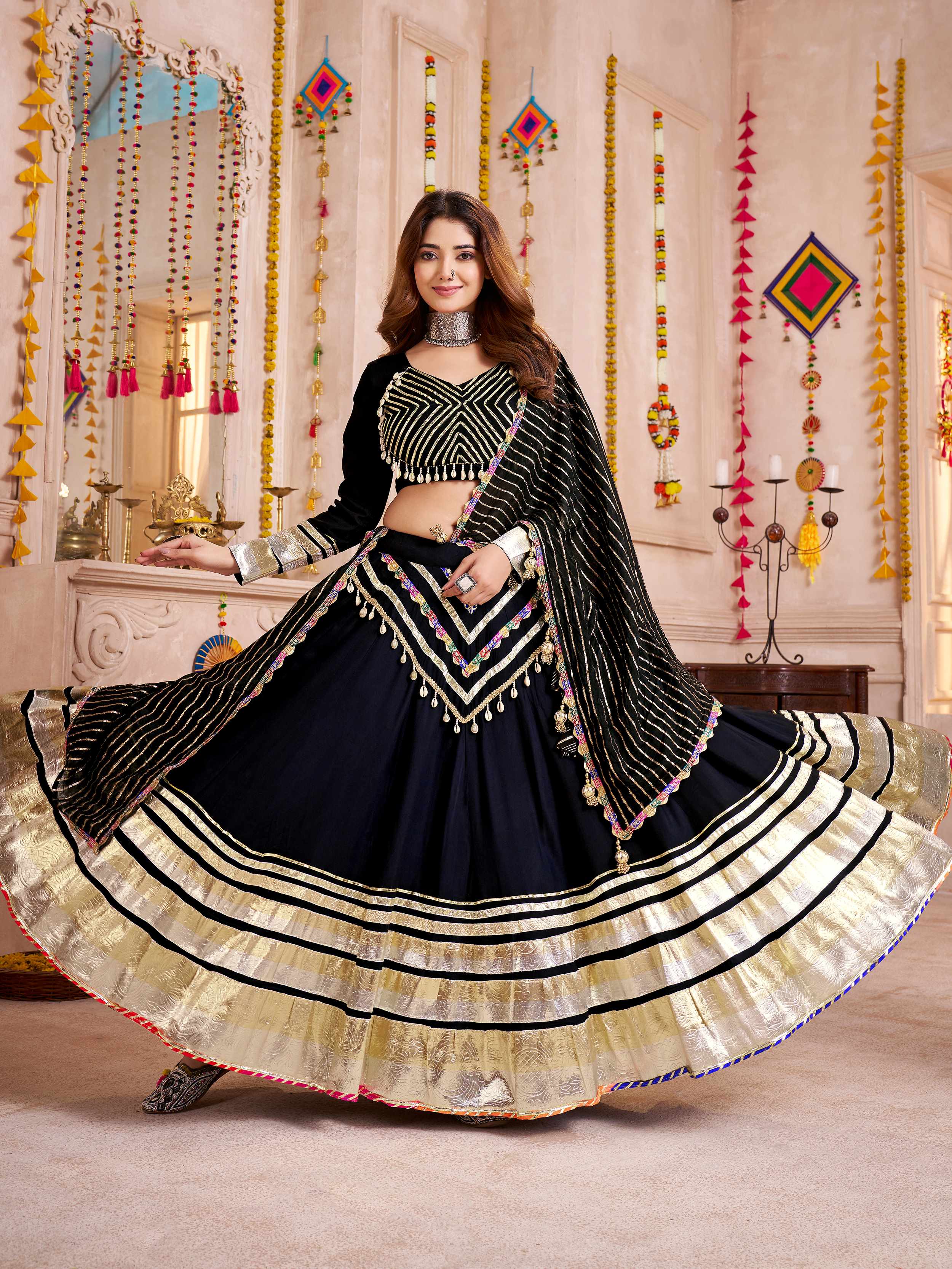 Black cotton lehenga choli with lace detailing and dupatta