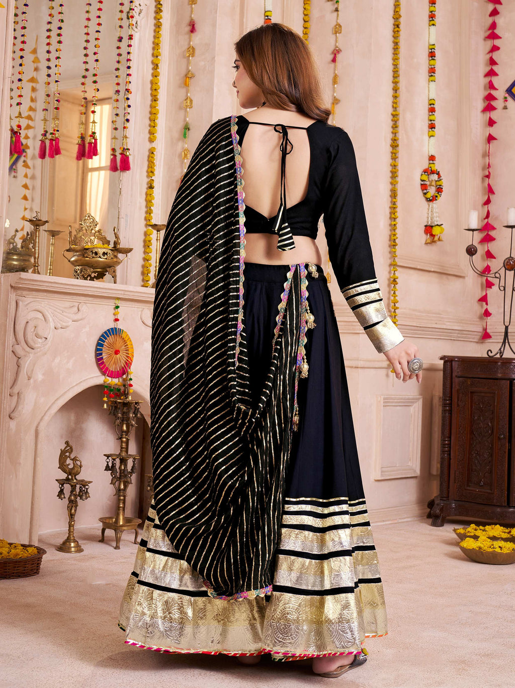 Black cotton lehenga choli with lace detailing and dupatta