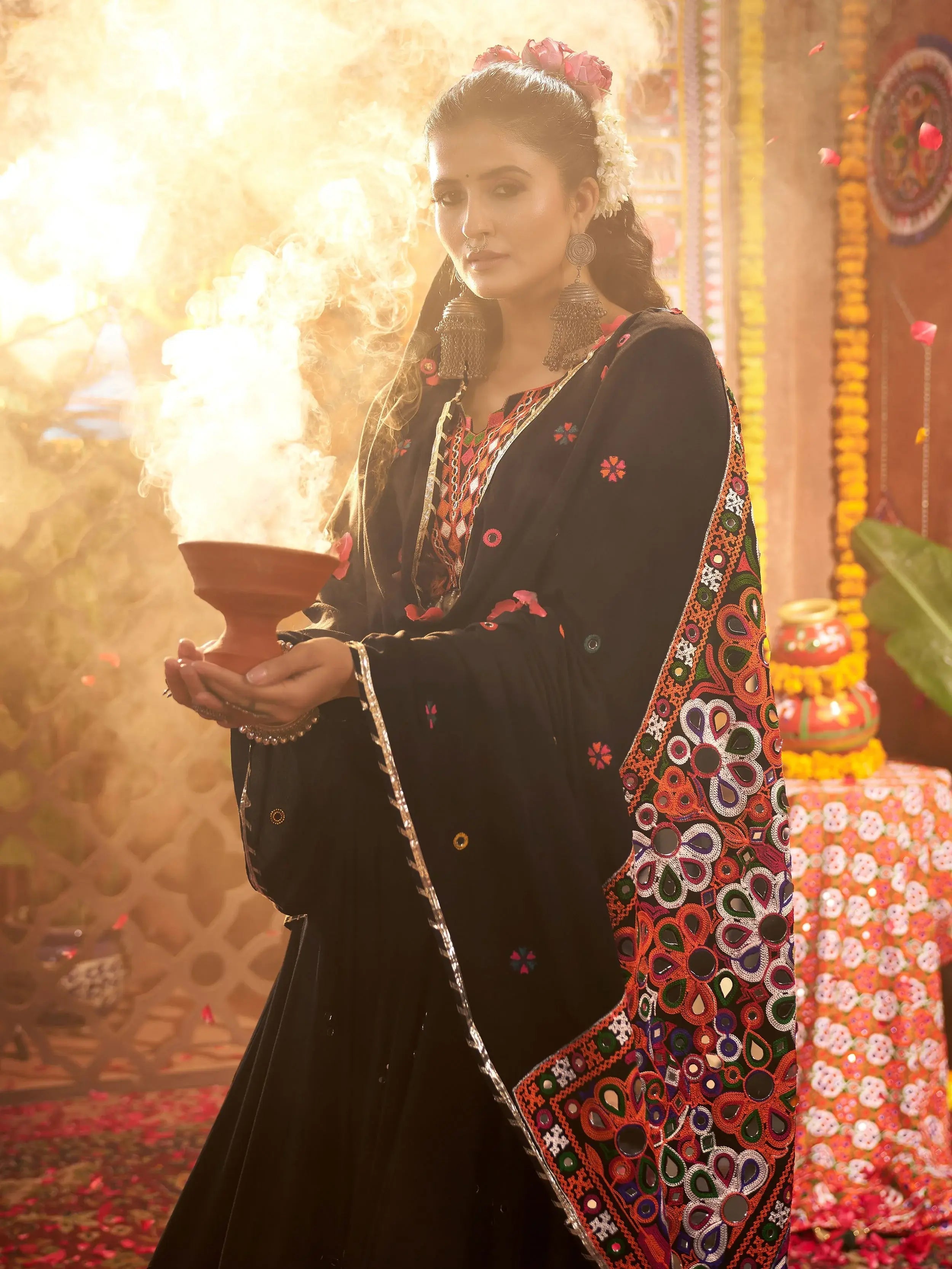 Black festive wear cotton lehenga choli with dupatta