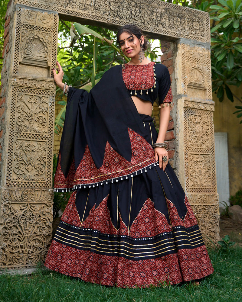 Black cotton printed lehenga choli set with gota patti mirror work and dupatta