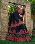 Black cotton printed lehenga choli set with gota patti mirror work and dupatta