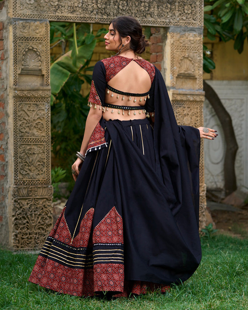 Black cotton printed lehenga choli set with gota patti mirror work and dupatta