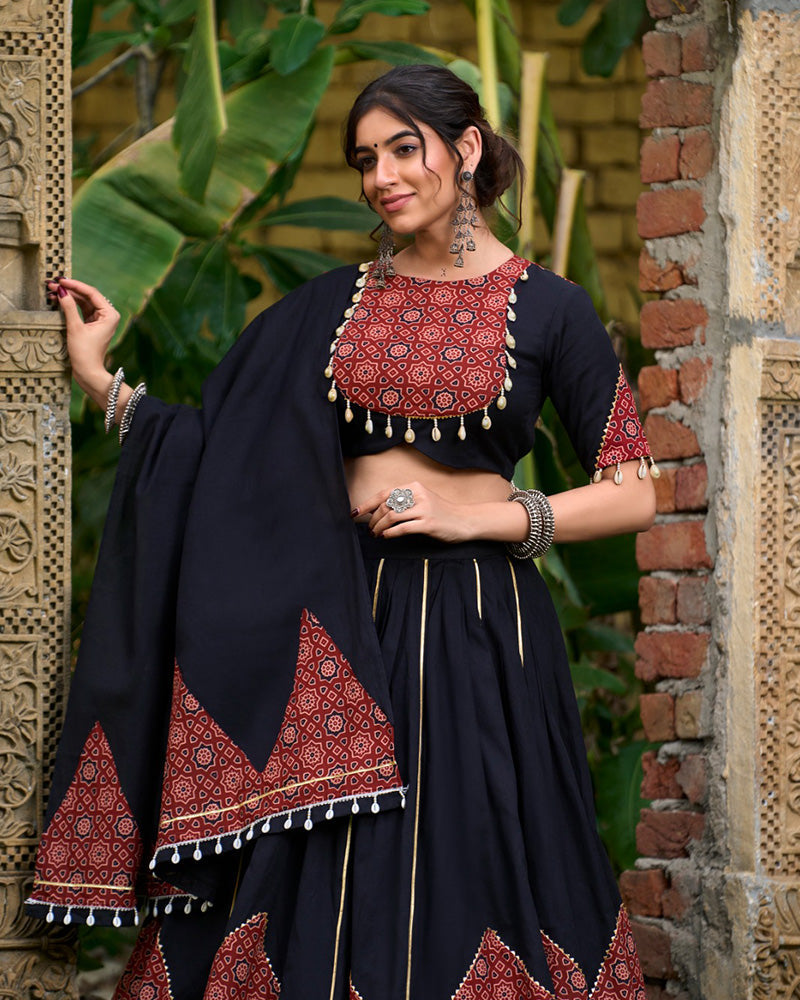 Black cotton printed lehenga choli set with gota patti mirror work and dupatta