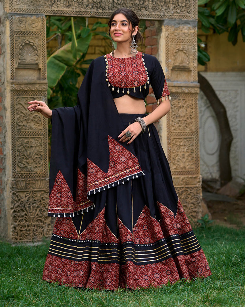 Black cotton printed lehenga choli set with gota patti mirror work and dupatta