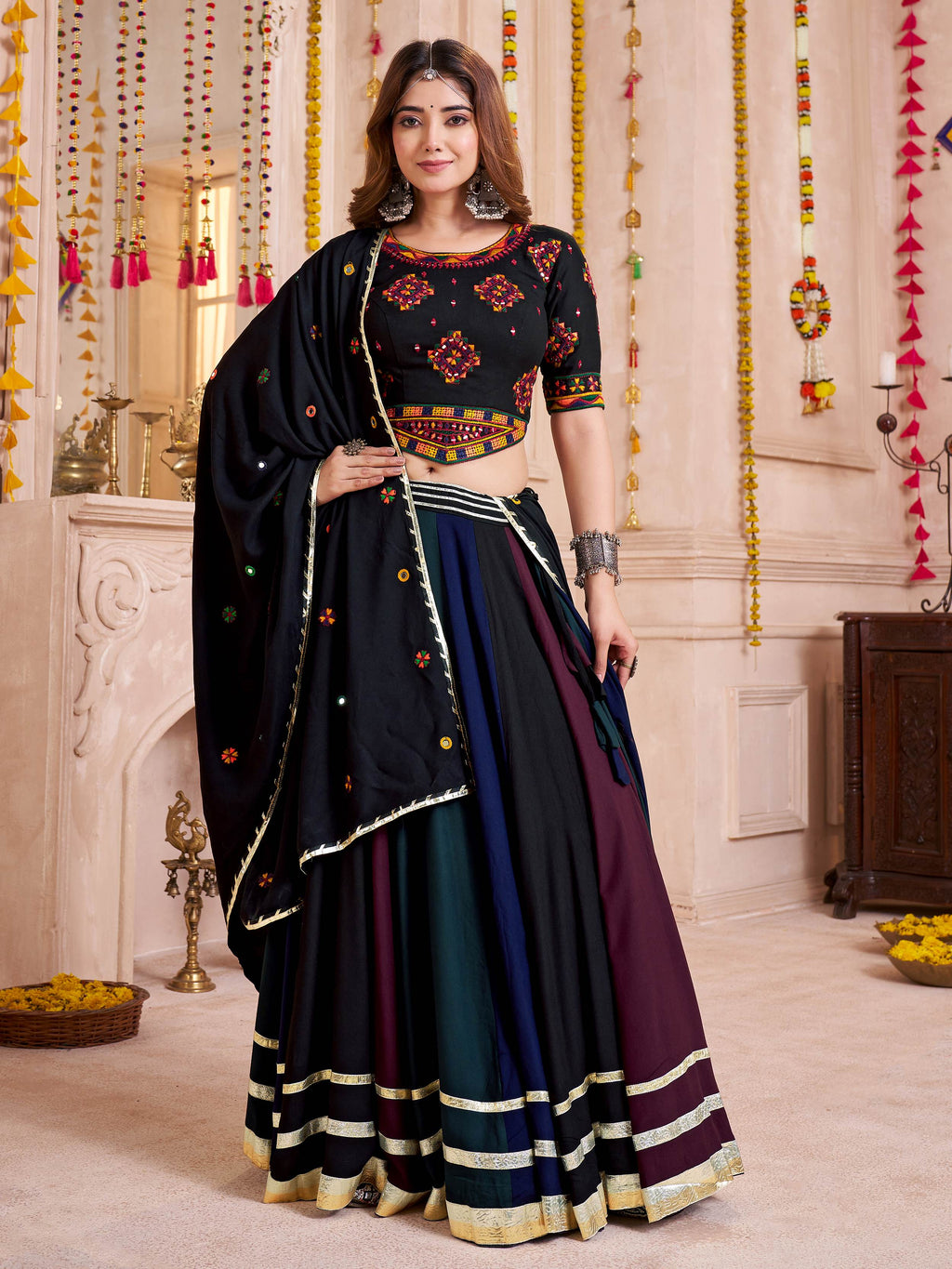 Black cotton thread embroidered lehenga choli with dupatta