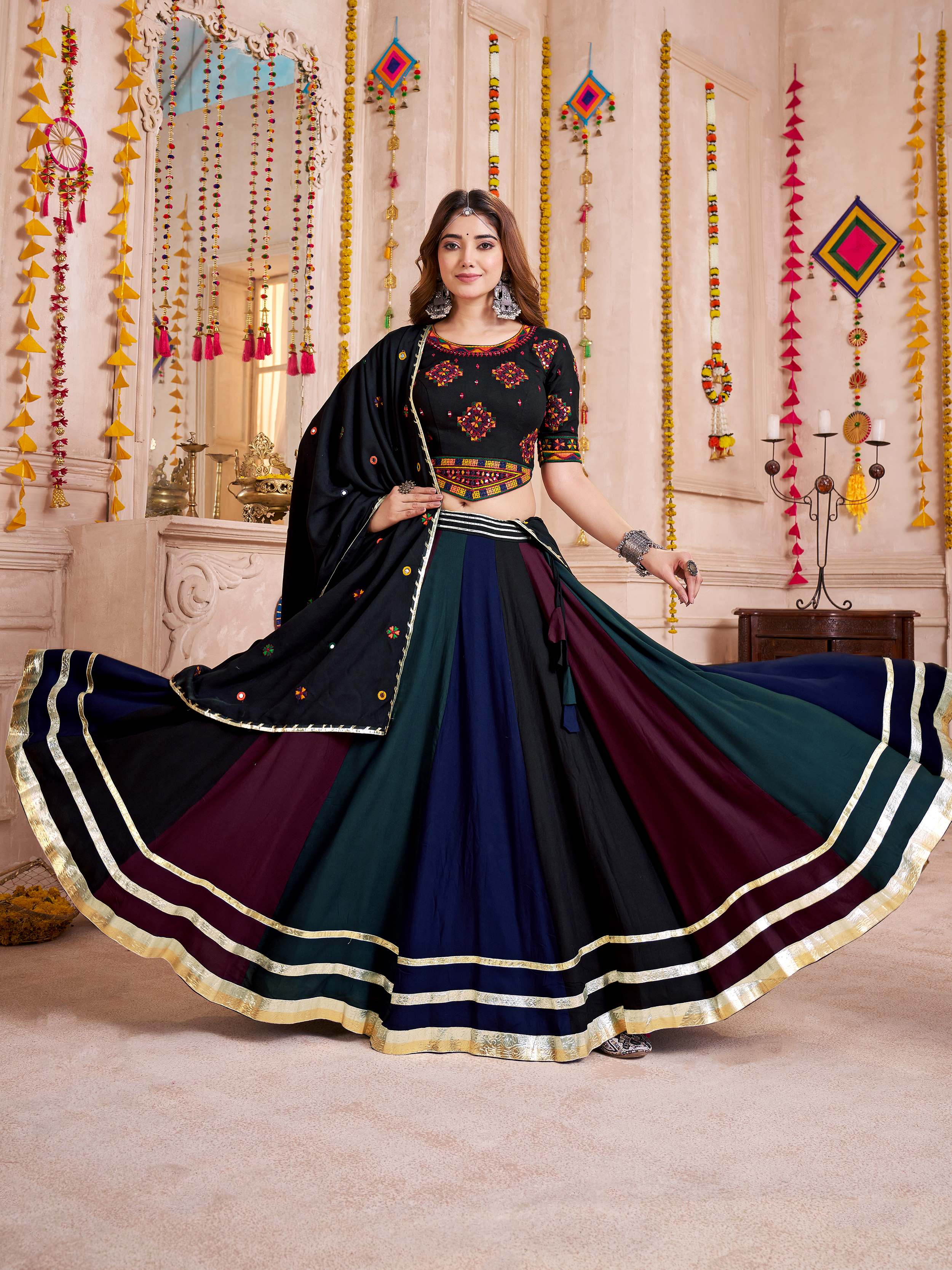 Black cotton thread embroidered lehenga choli with dupatta