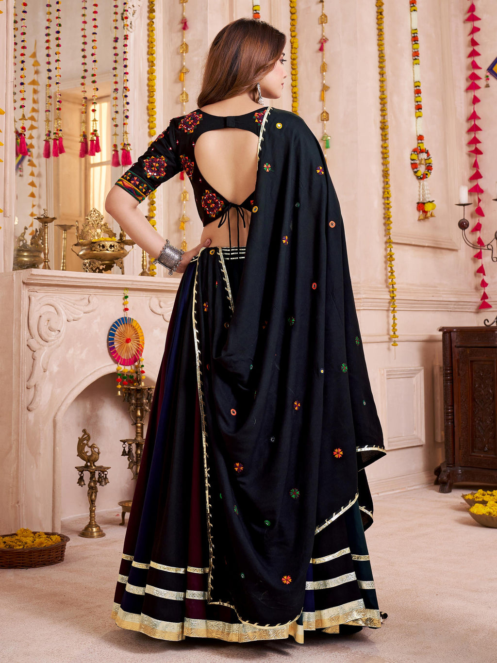 Black cotton thread embroidered lehenga choli with dupatta
