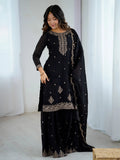 Black crunchy silk embroidered zari sequin work kurti sharara with dupatta