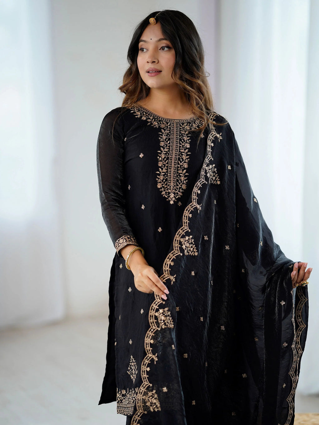 Black crunchy silk embroidered zari sequin work kurti sharara with dupatta