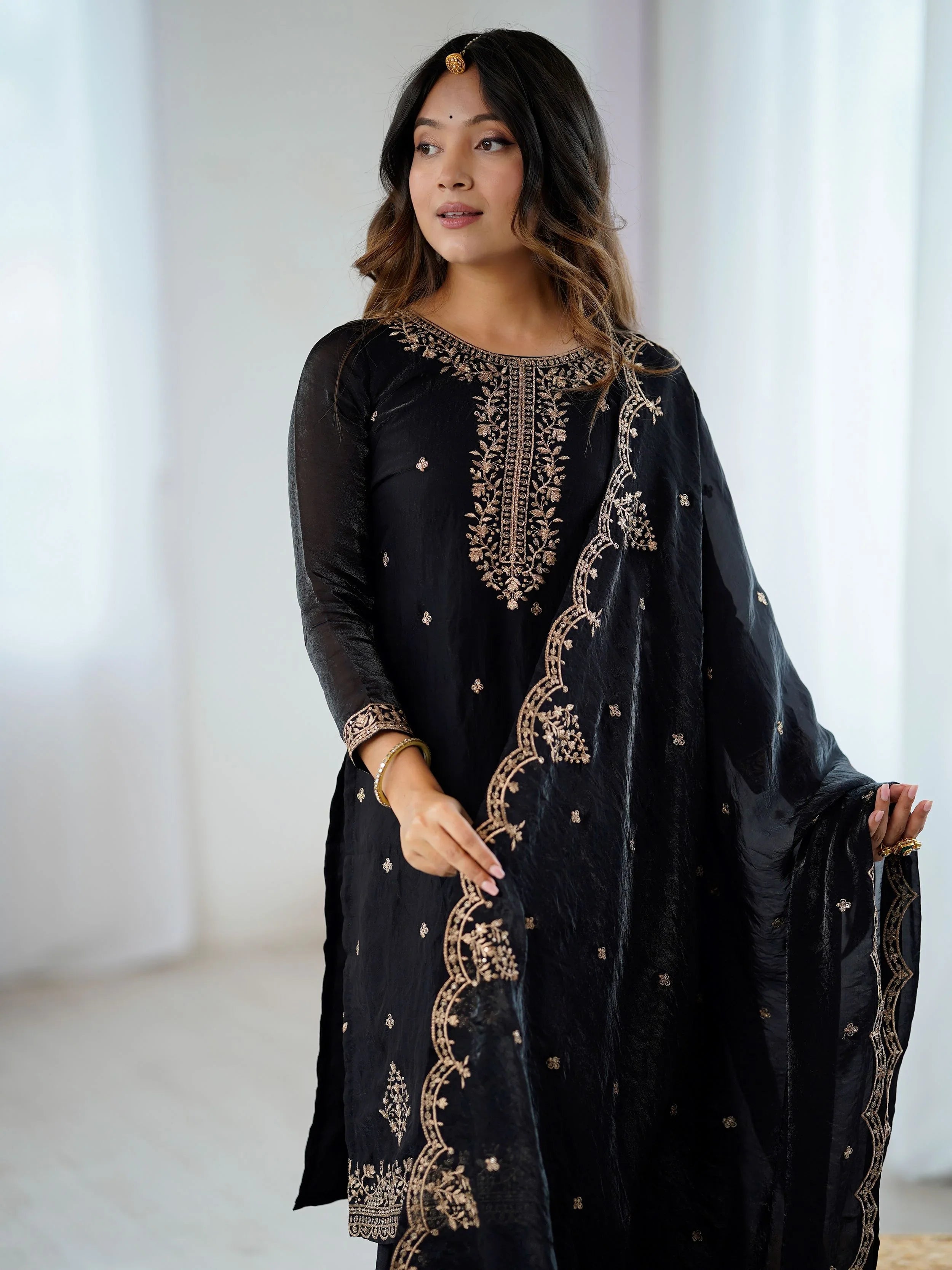 Black crunchy silk embroidered zari sequin work kurti sharara with dupatta