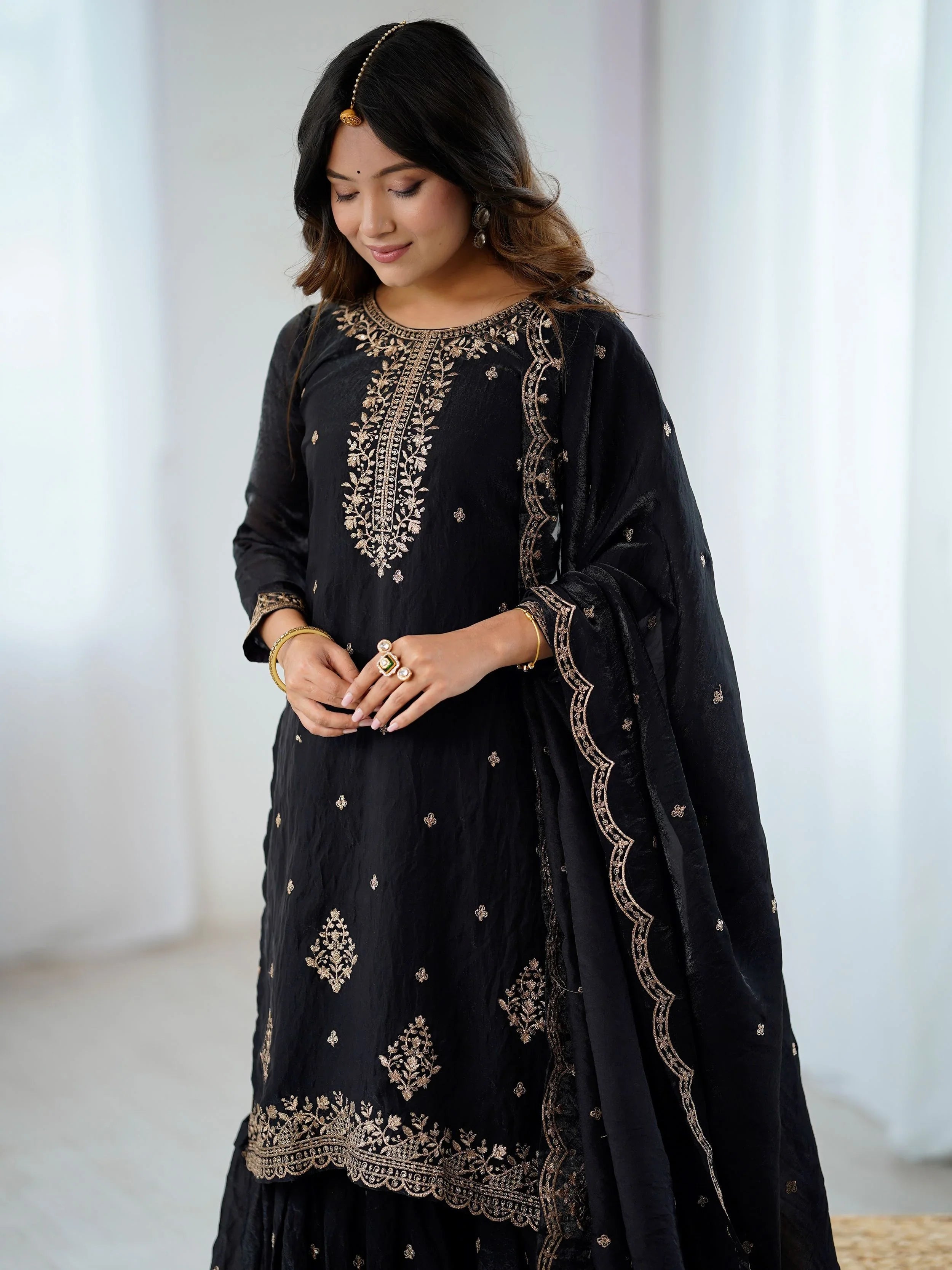 Black crunchy silk embroidered zari sequin work kurti sharara with dupatta