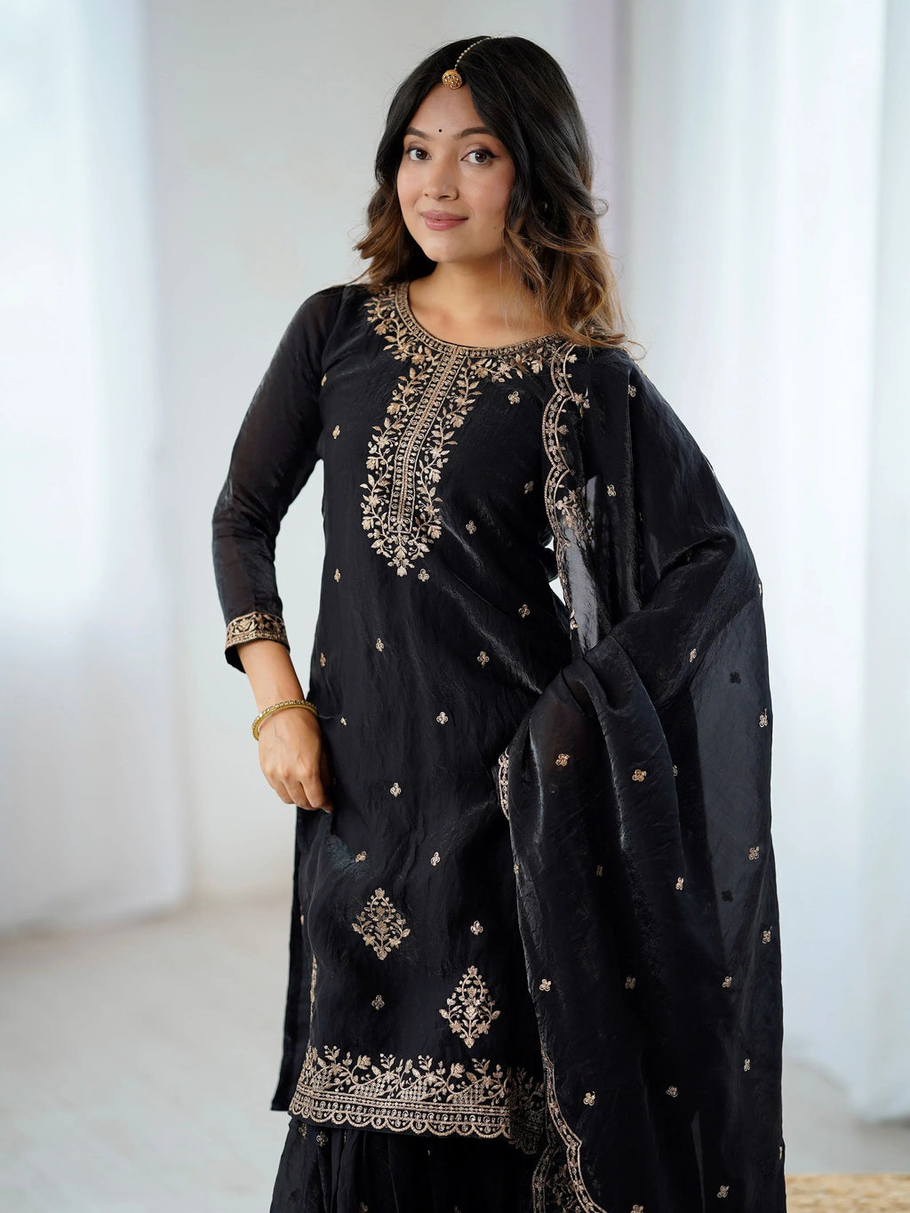 Black crunchy silk embroidered zari sequin work kurti sharara with dupatta