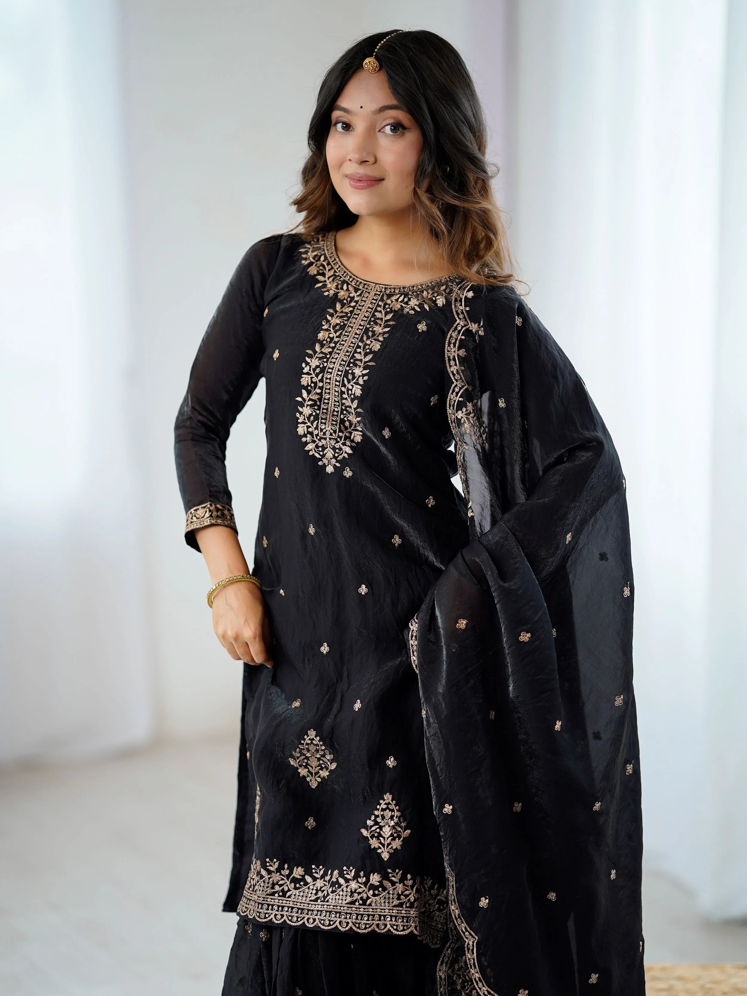 Black crunchy silk embroidered zari sequin work kurti sharara with dupatta