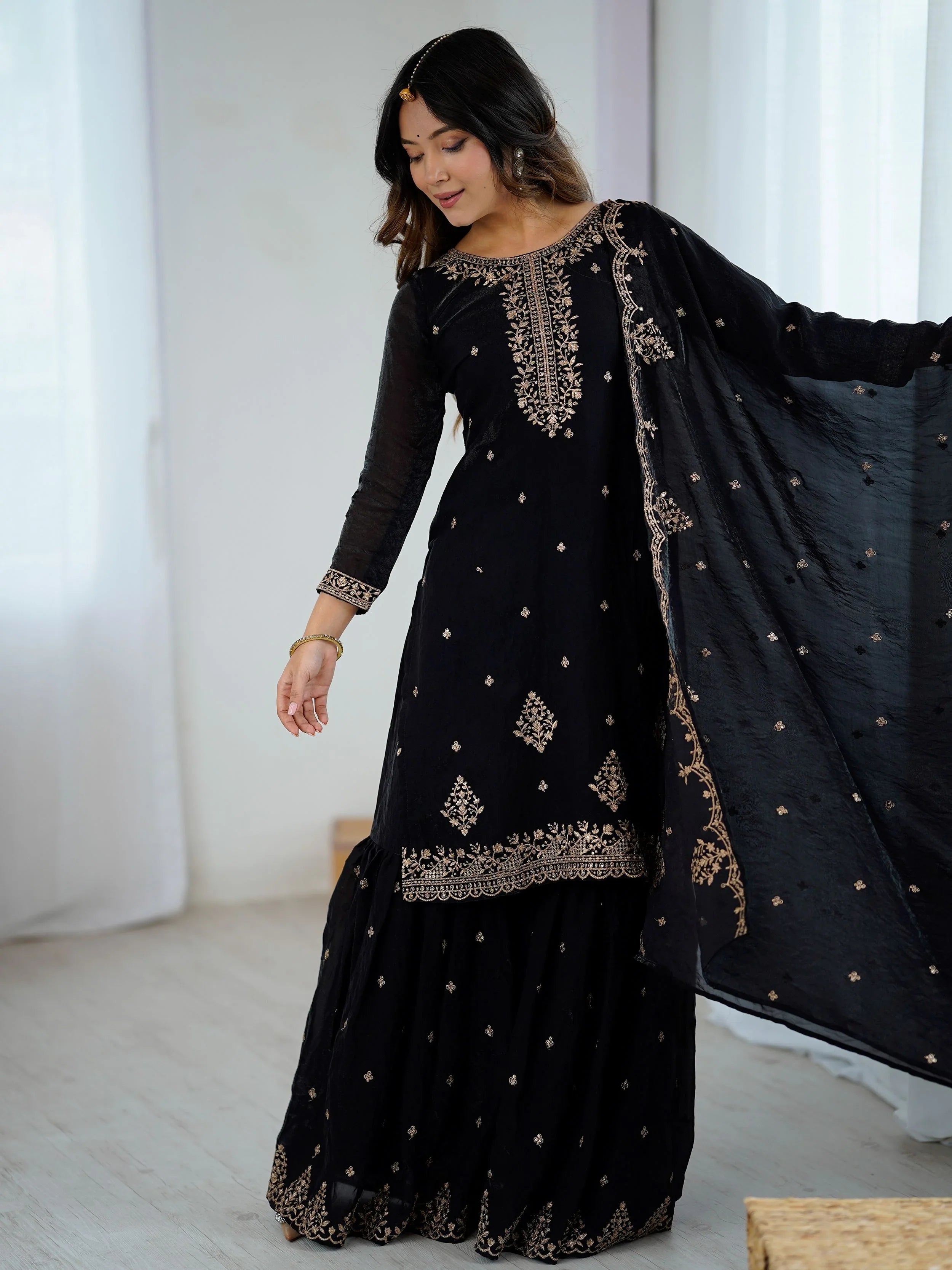 Black crunchy silk embroidered zari sequin work kurti sharara with dupatta