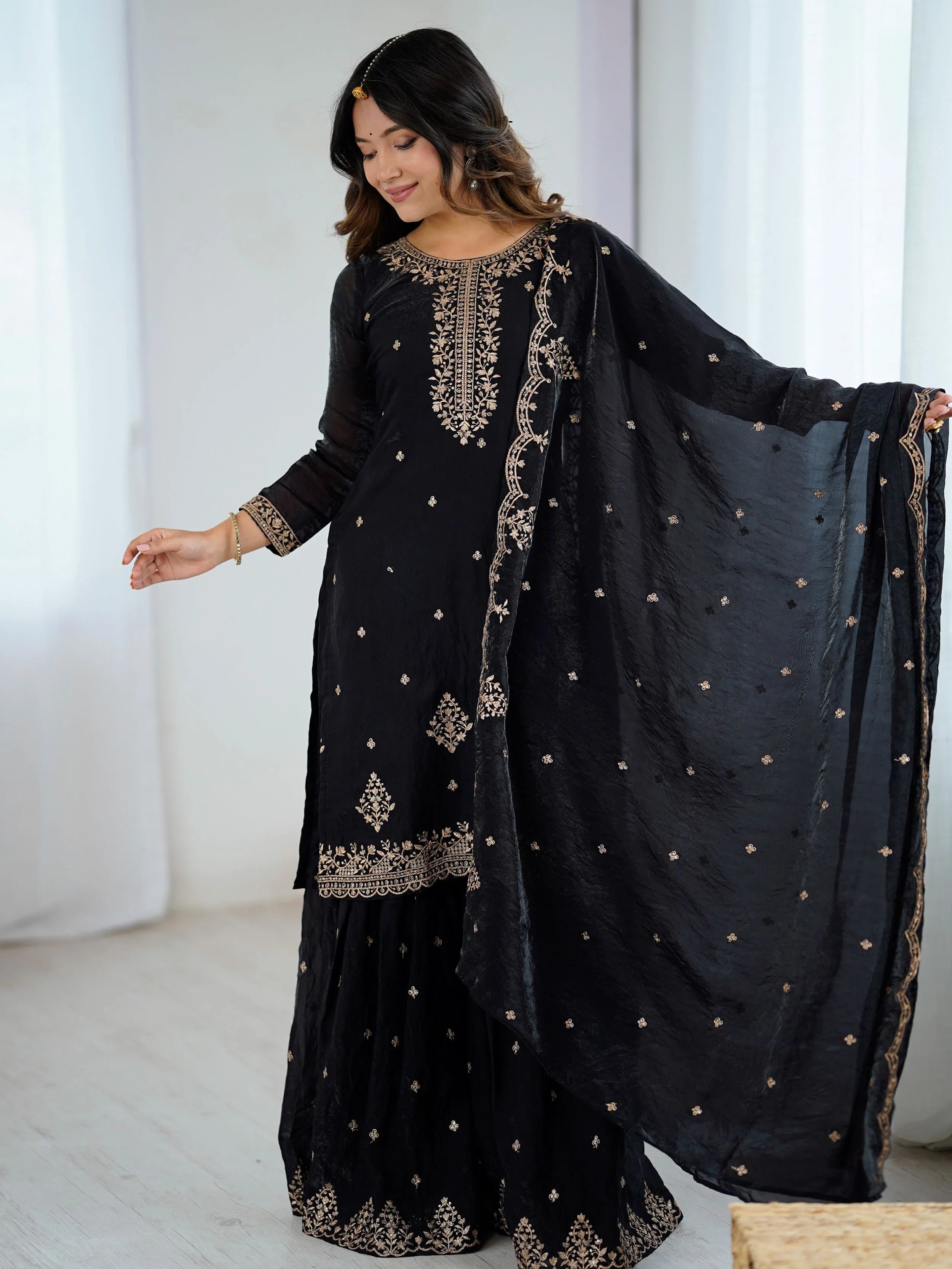Black crunchy silk embroidered zari sequin work kurti sharara with dupatta