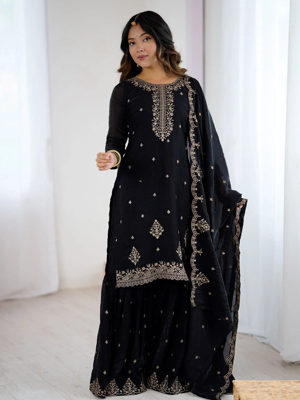 Black crunchy silk embroidered zari sequin work kurti sharara with dupatta