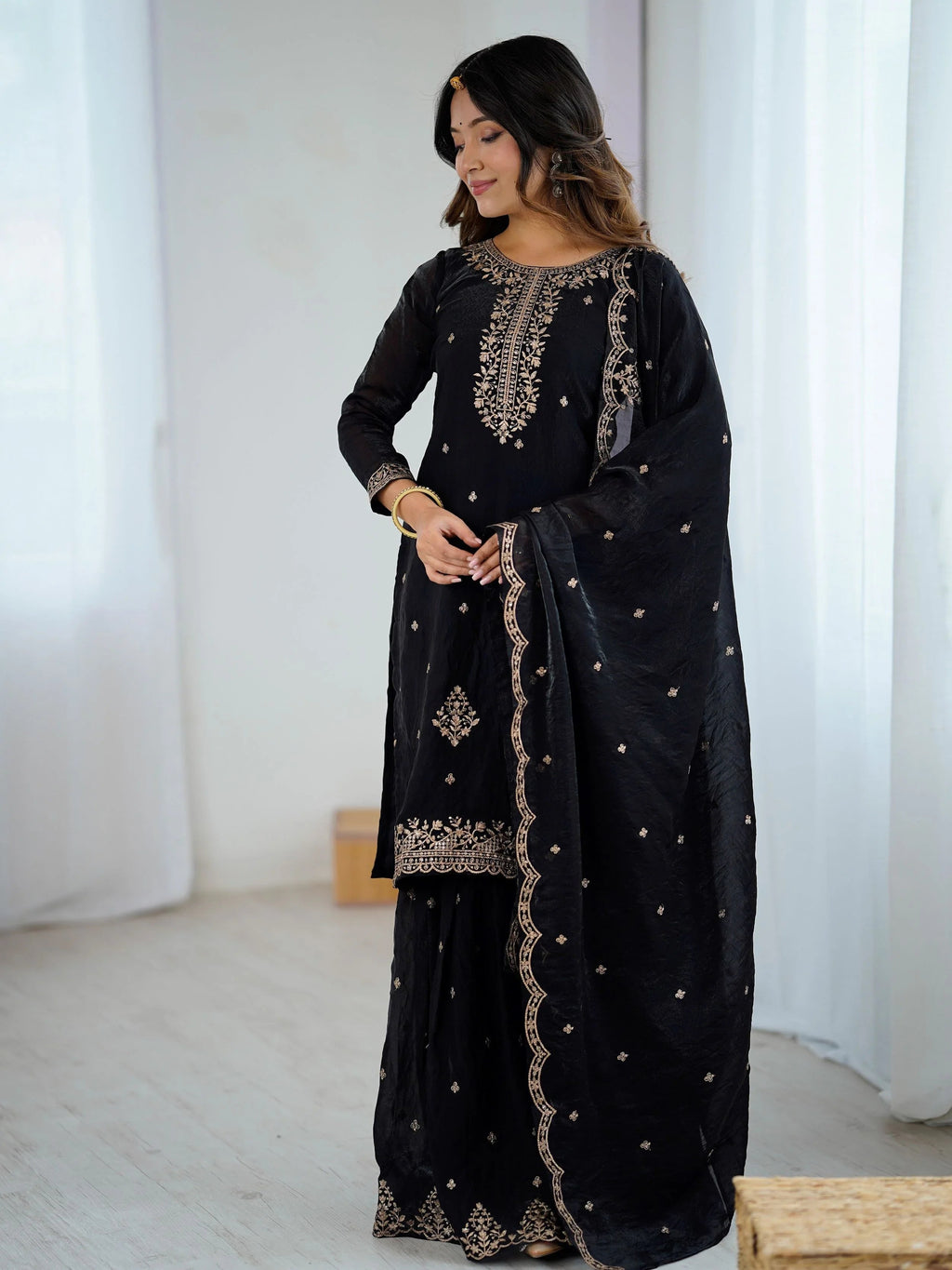 Black crunchy silk embroidered zari sequin work kurti sharara with dupatta