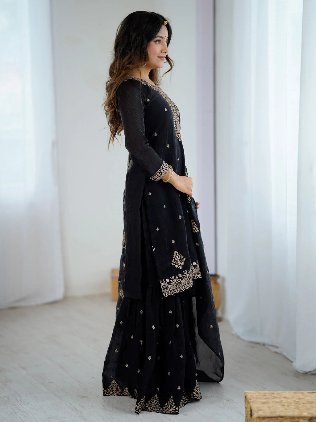 Black crunchy silk embroidered zari sequin work kurti sharara with dupatta