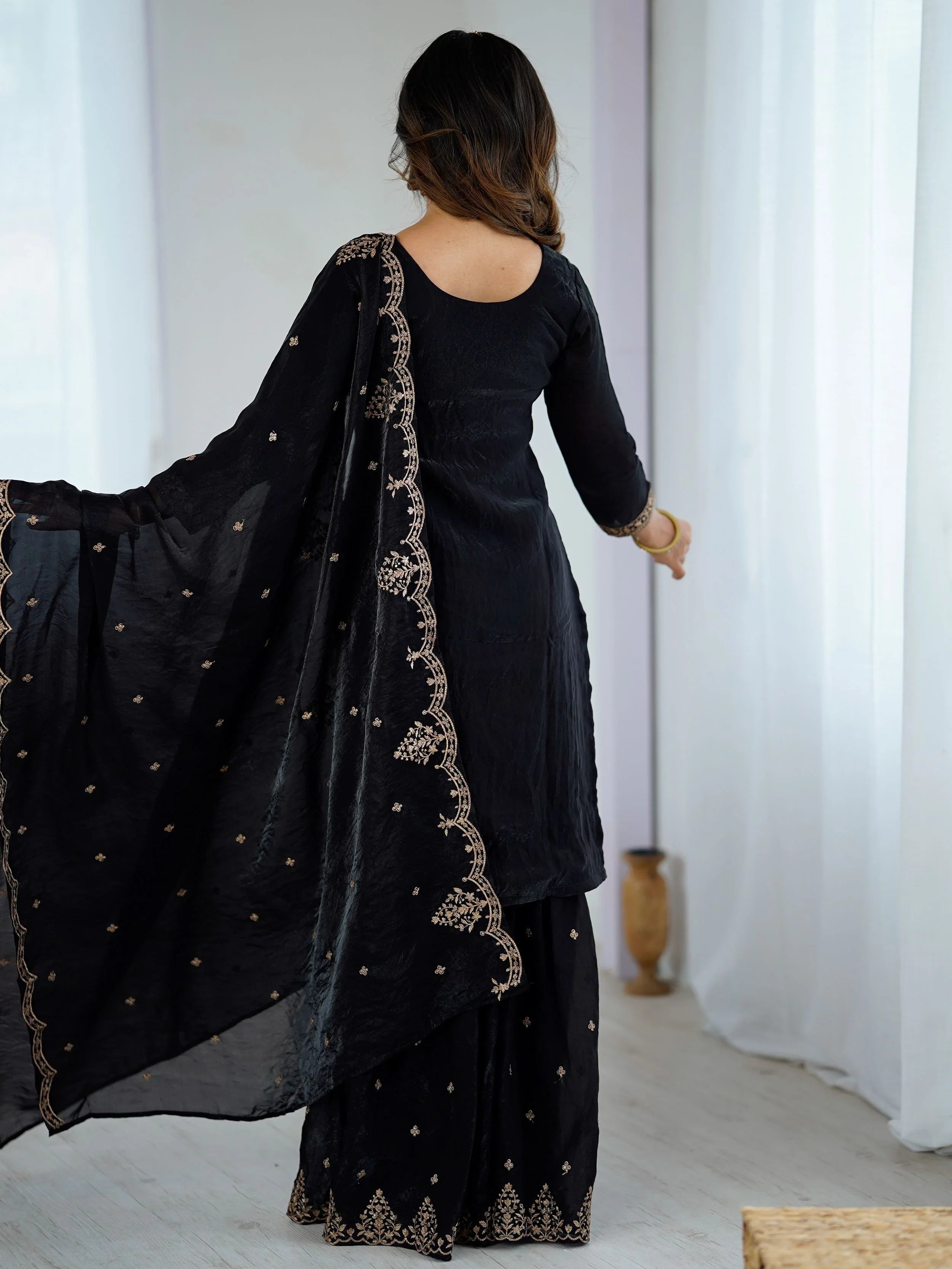 Black crunchy silk embroidered zari sequin work kurti sharara with dupatta