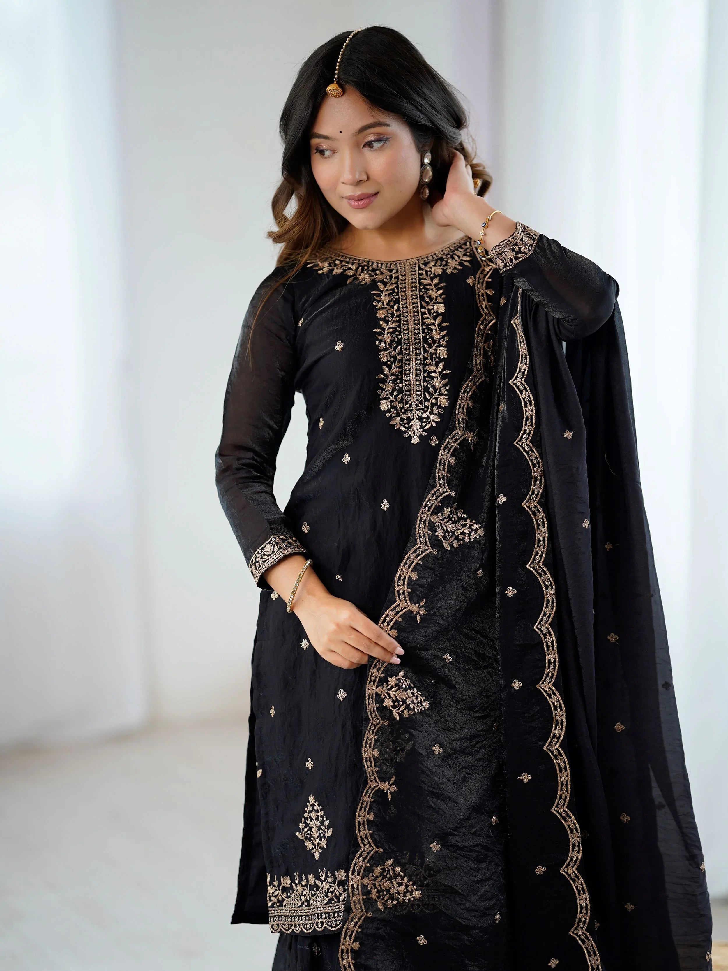 Black crunchy silk embroidered zari sequin work kurti sharara with dupatta