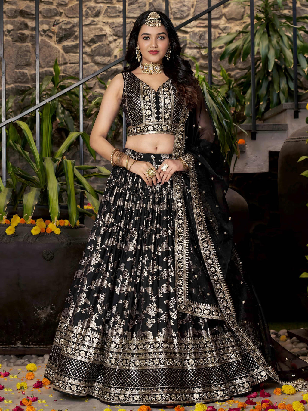 Black Dola silk jacquard embroidered lehenga choli with dupatta