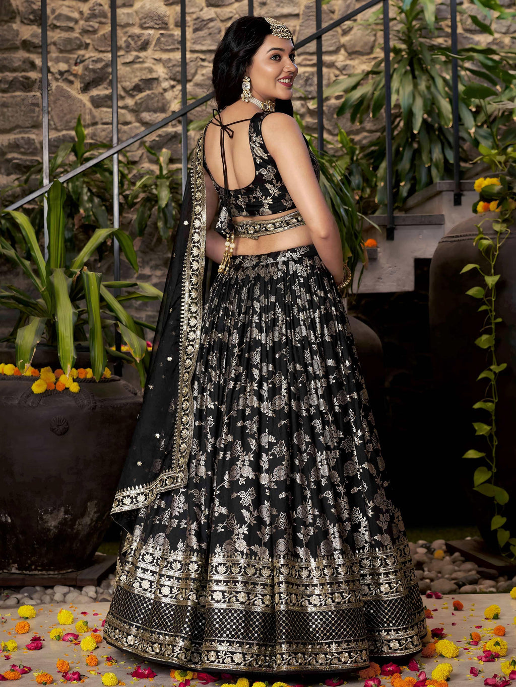 Black Dola silk jacquard embroidered lehenga choli with dupatta