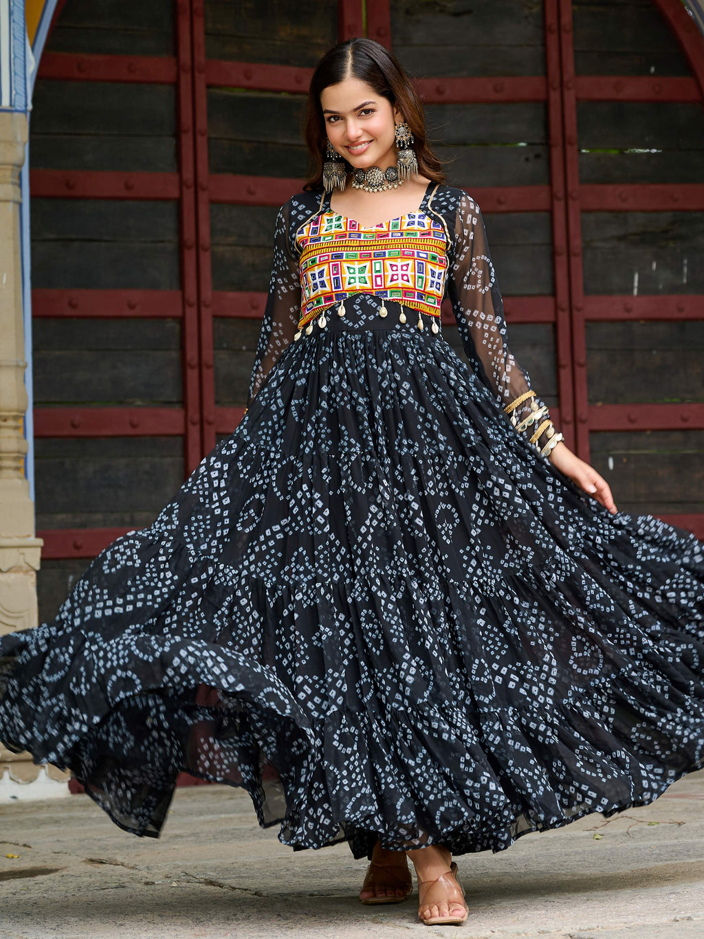 Black faux georgette Bandhani print Kutchi patchwork Navratri gown