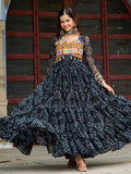 Black faux georgette Bandhani print Kutchi patchwork Navratri gown