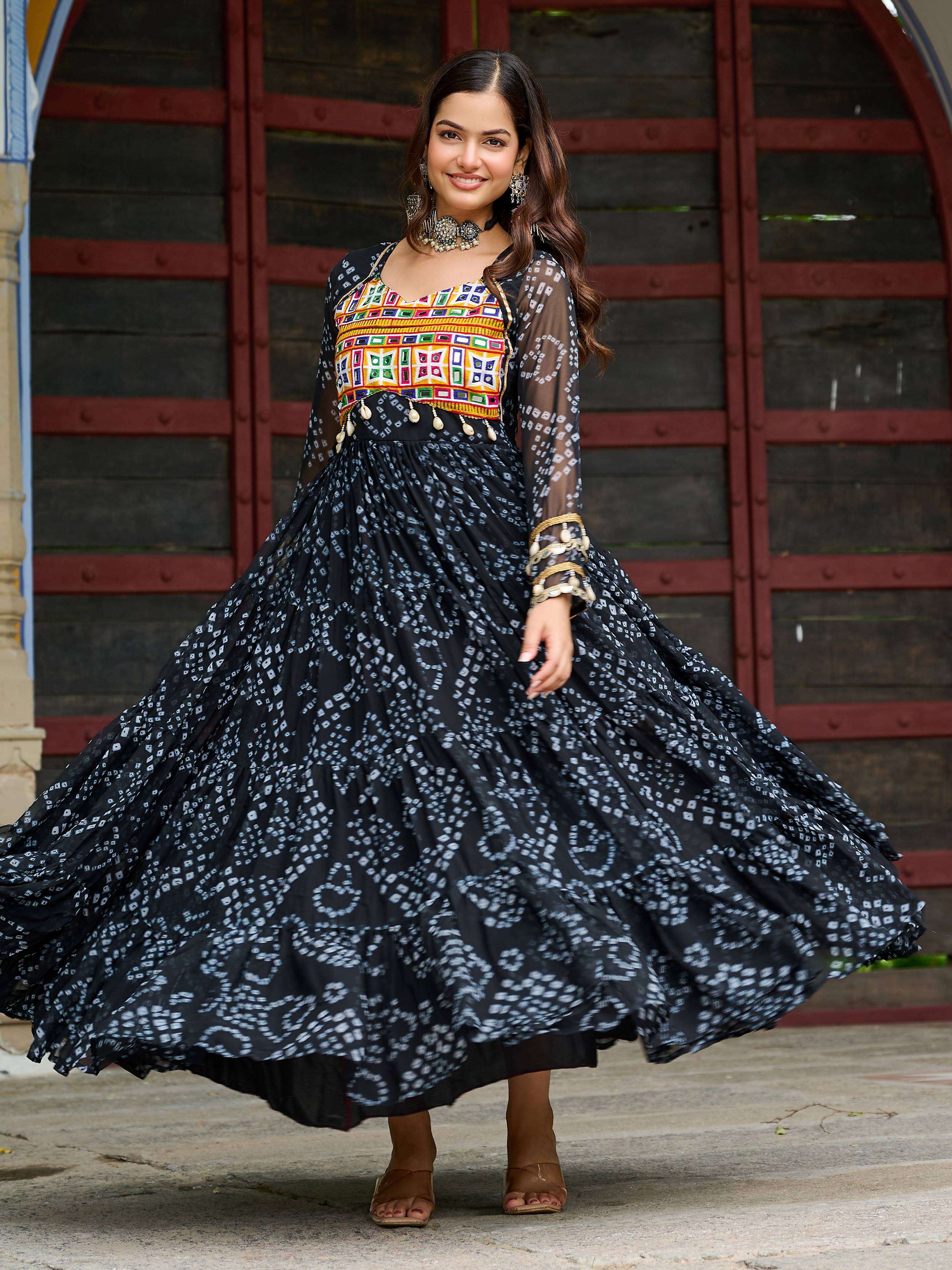Black faux georgette Bandhani print Kutchi patchwork Navratri gown