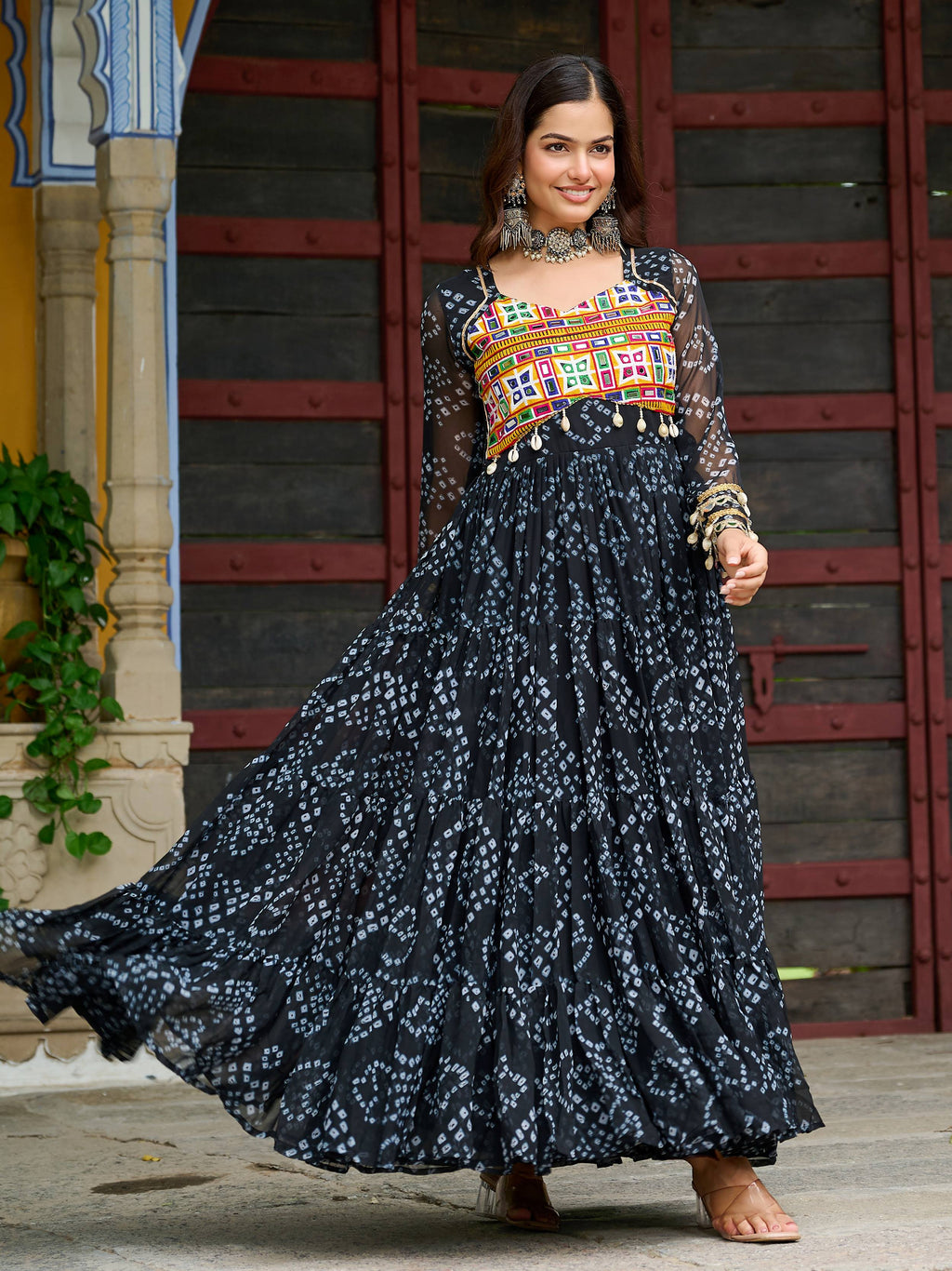 Black faux georgette Bandhani print Kutchi patchwork Navratri gown