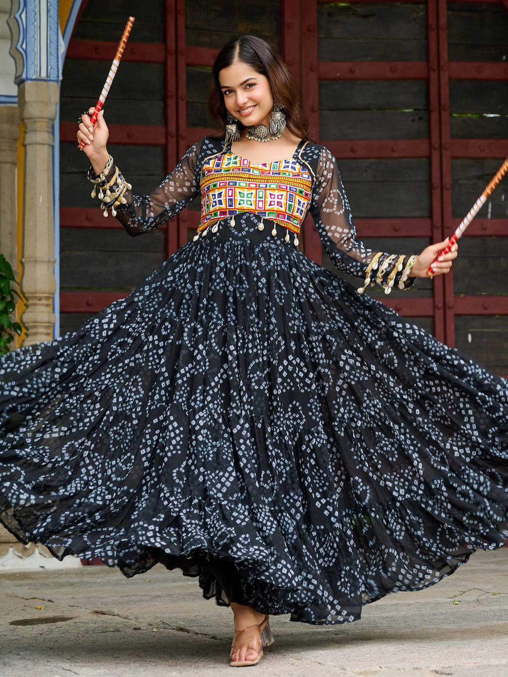 Black faux georgette Bandhani print Kutchi patchwork Navratri gown