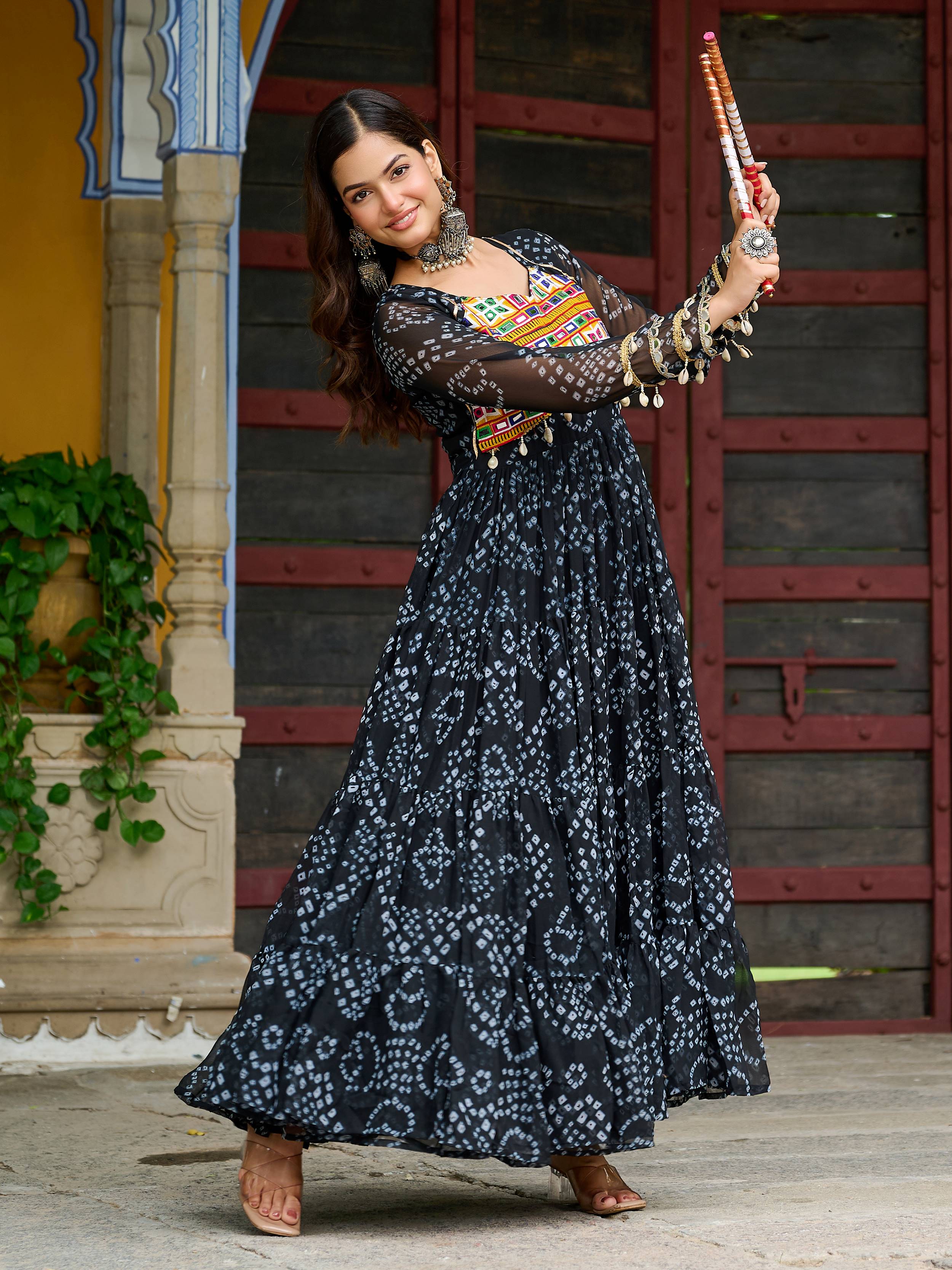 Black faux georgette Bandhani print Kutchi patchwork Navratri gown