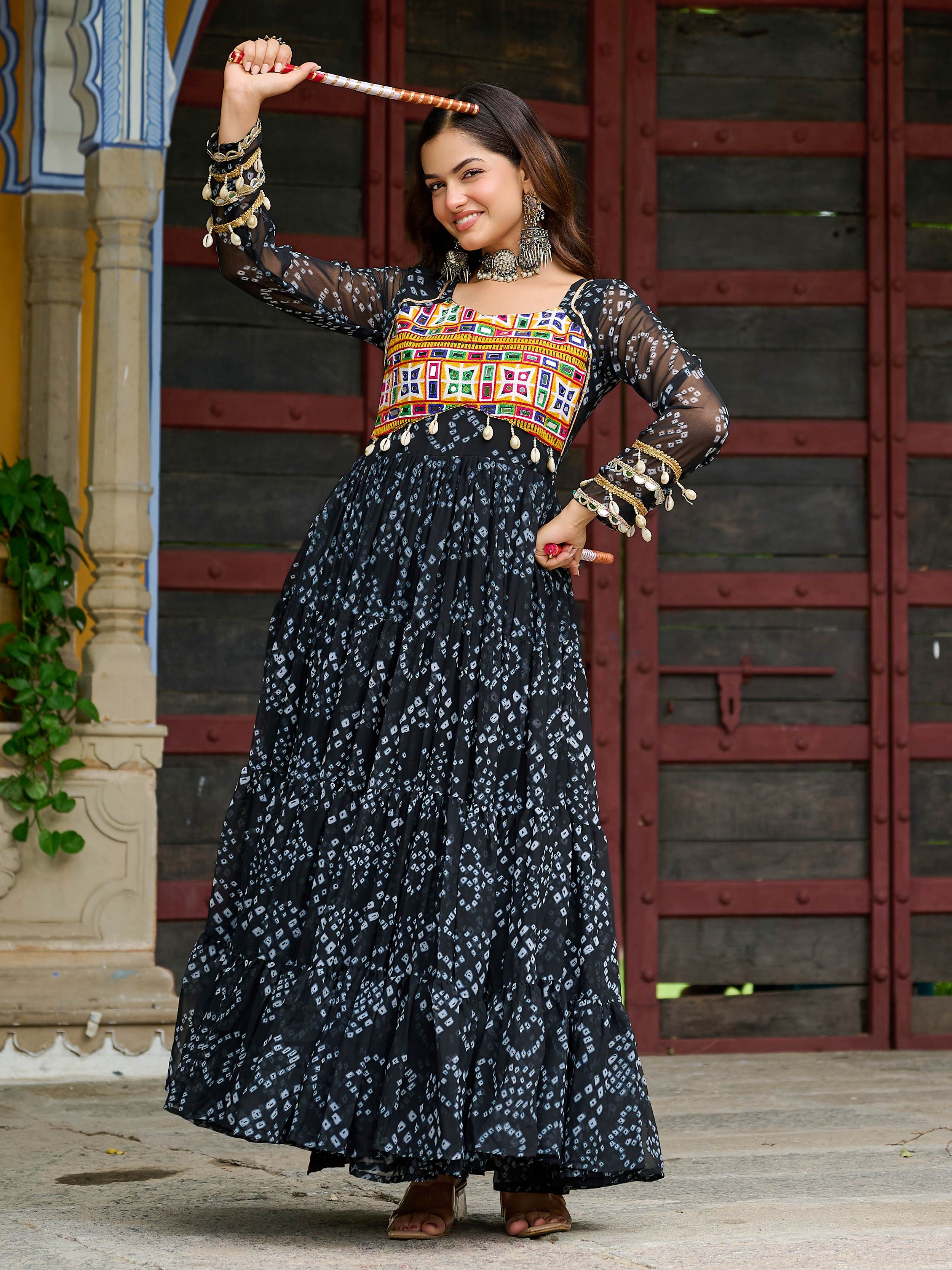 Black faux georgette Bandhani print Kutchi patchwork Navratri gown