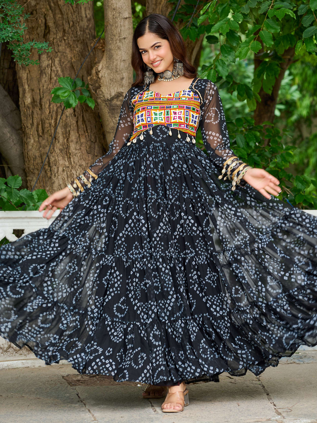 Black faux georgette Bandhani print Kutchi patchwork Navratri gown