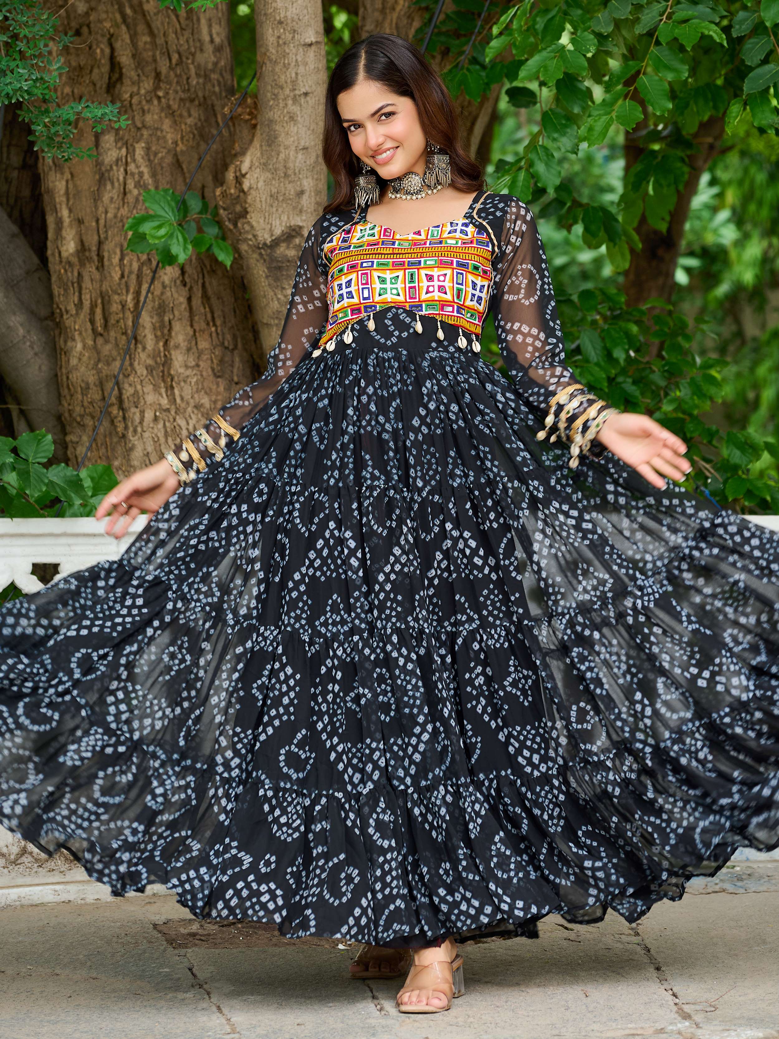 Black faux georgette Bandhani print Kutchi patchwork Navratri gown