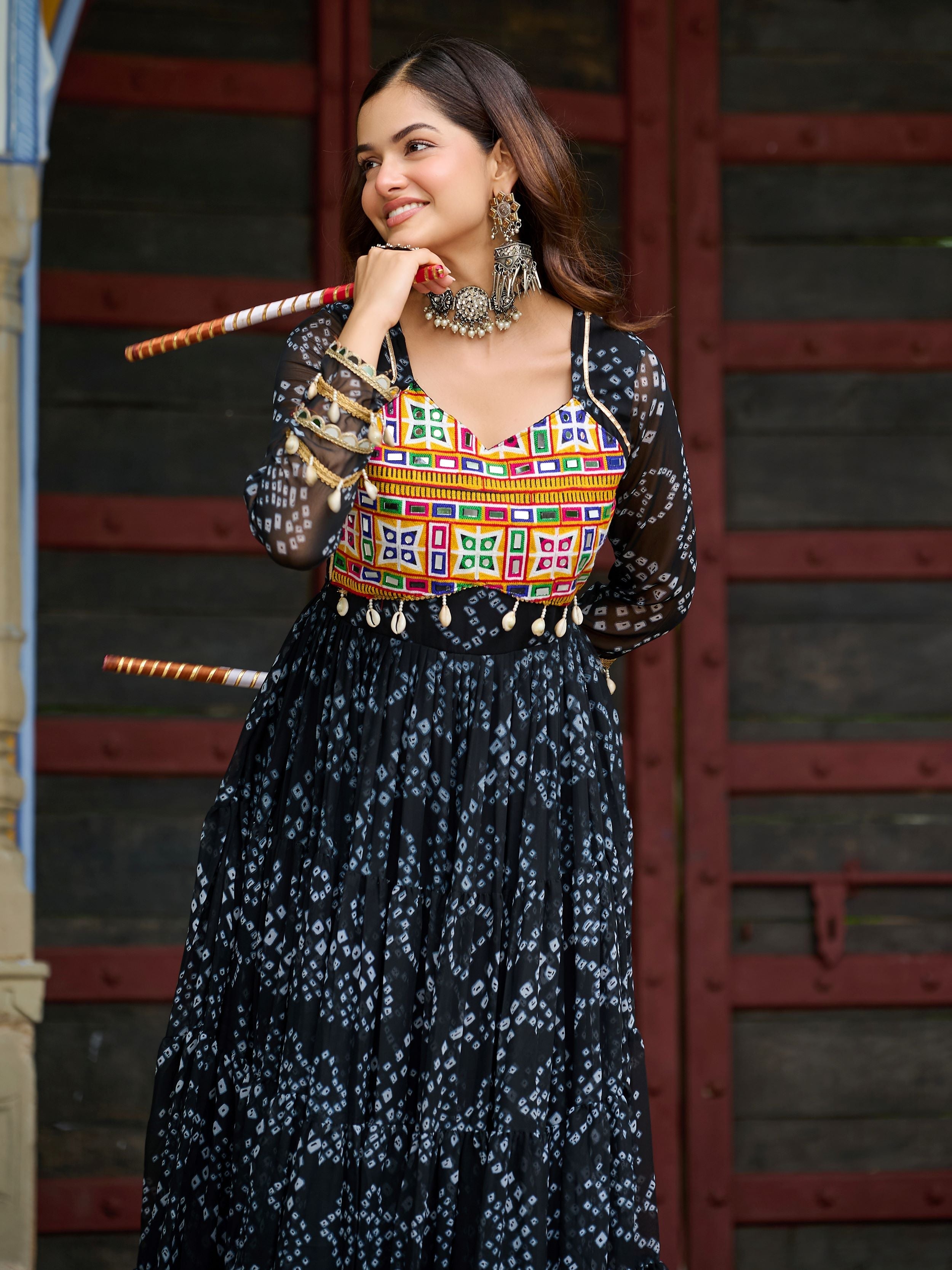 Black faux georgette Bandhani print Kutchi patchwork Navratri gown