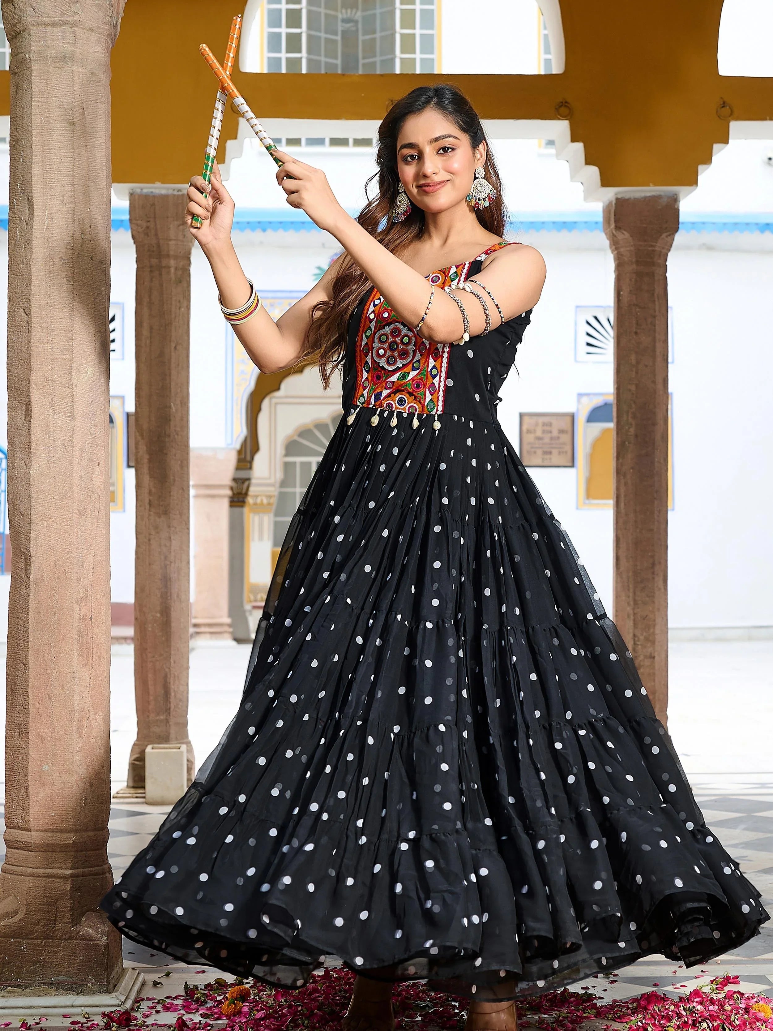 Black georgette bandhani print gown with real mirror gamthi work