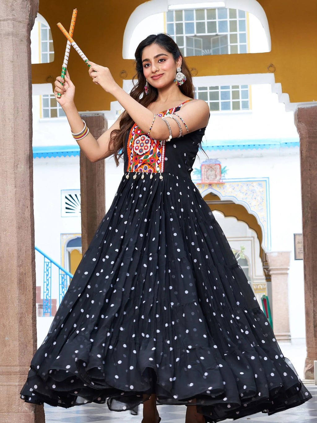 Black georgette bandhani print gown with real mirror gamthi work