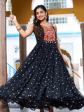 Black georgette bandhani print gown with real mirror gamthi work