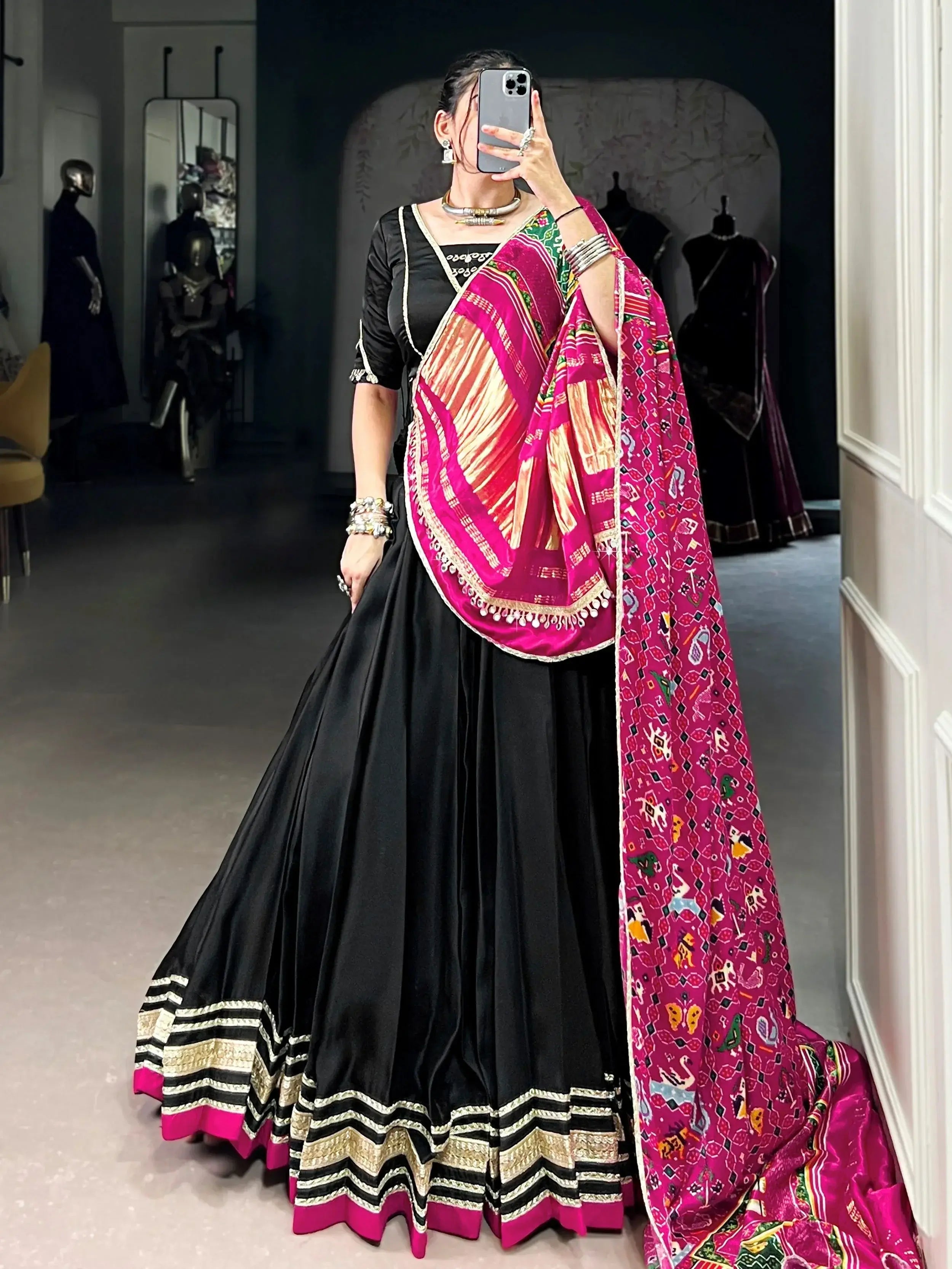 Black georgette silk lace work lehenga choli with dupatta